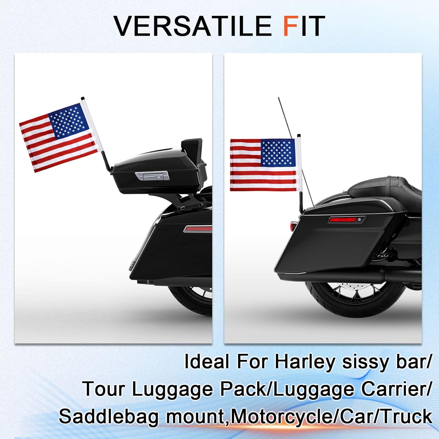 FOVPLUE 15" x 11" American Flag Kit – Vivid Colors, Fade-Resistant – Heavy-Duty Canvas Header & Double Stitching – For Harley sissy bar/Trunk/Luggage Carrier/Saddlebag mount, Motorcycle/Car/Truck