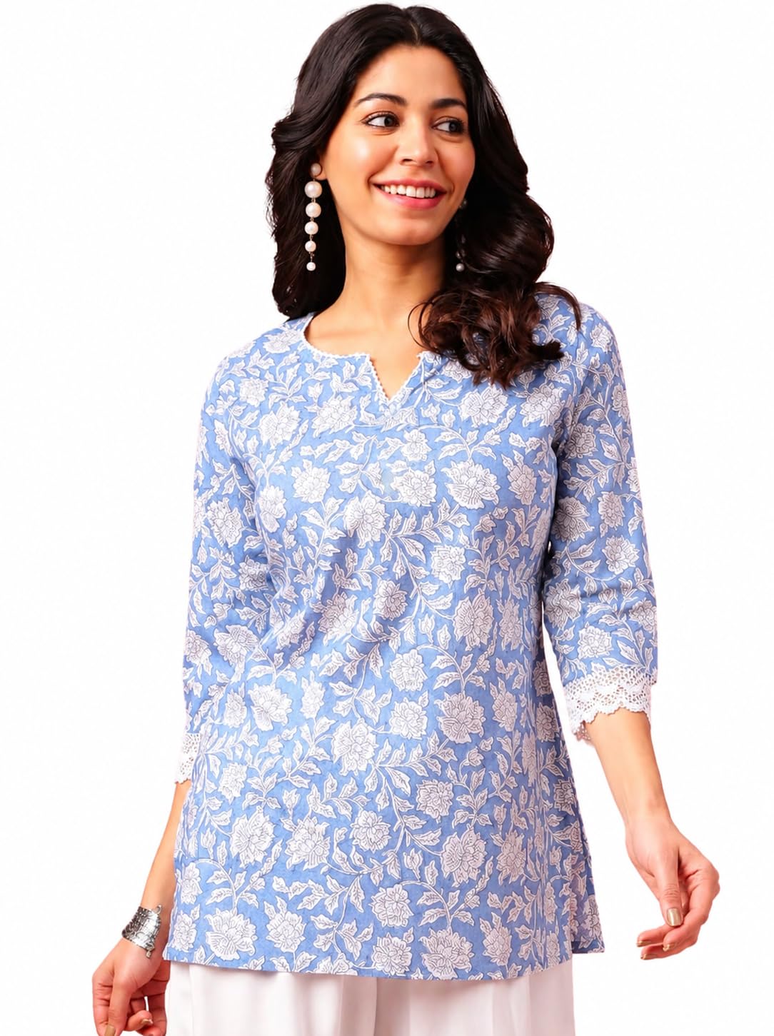 Women Floral Printed Short Kurta for Women | Cotton Blend Straight Kurti Top | 3/4 Sleeve Casual Ethnic Kurta-picture-54