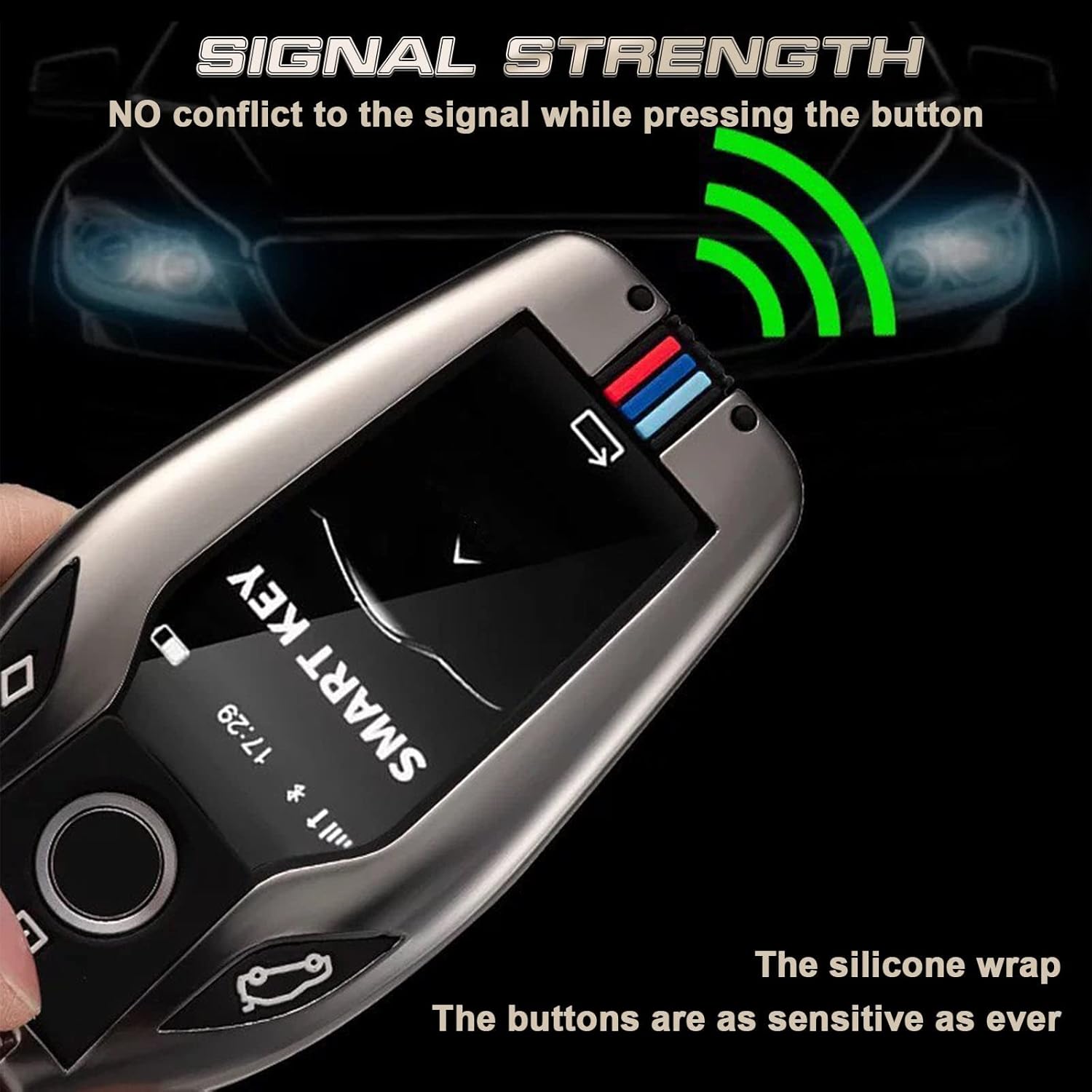 x xotic tech 3-Color Stripe Gunmetal Grey Metal Key Fob Cover LCD Smart Remote Shell Case w/Keychain Compatible with X3 X5 3 4 5 6 7 Series Z4 M3 M5 M6 GT3 GT5 G05 G20 G30 G80 F10 F15 F16 F20 F30 F8