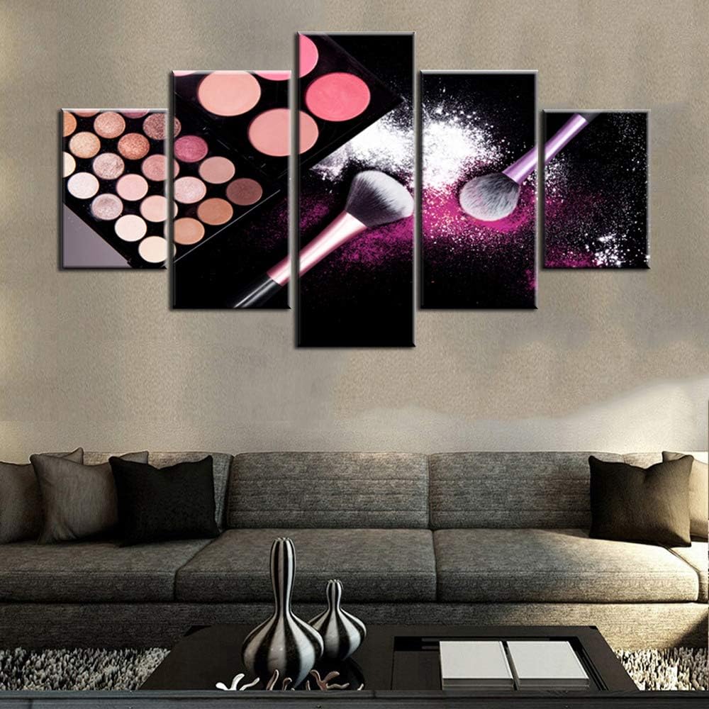 5 Piece Canvas Painting Colorful Makeup Palette Wall Pictures House Decor Eye Shadow Artwork Giclee Premium Quality Black Wall Art for Living Room Framed Ready to Hang Posters and Prints(60”Wx32”H)