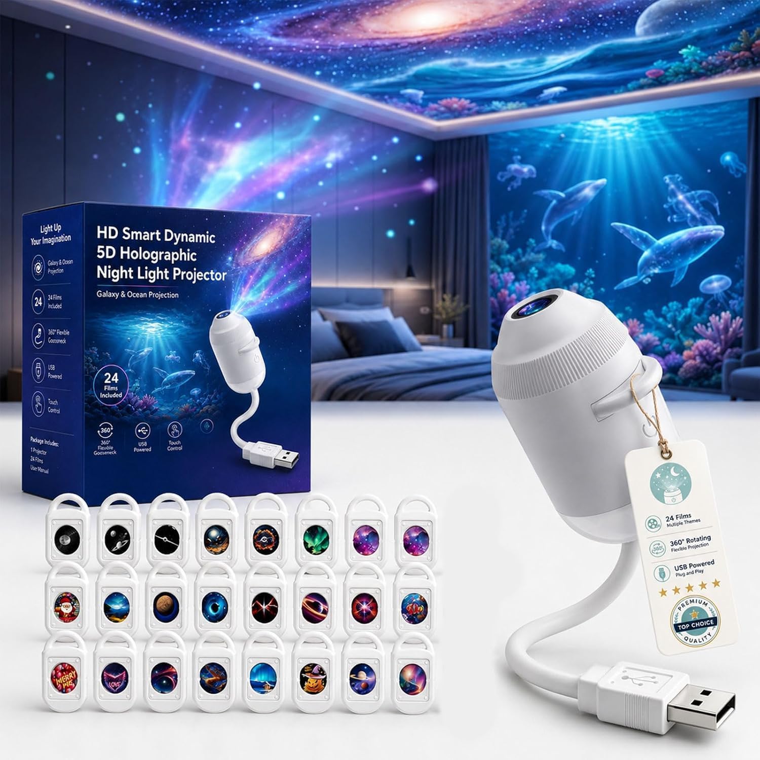 YIttings HD Smart Dynamic 5D Holographic Night Light Projector | 360 Mini Ocean Galaxy Dream Projector | Starry Sky Projection Night Light | Plug-and-Play Star Lamp for Celling (24 Projection Films)