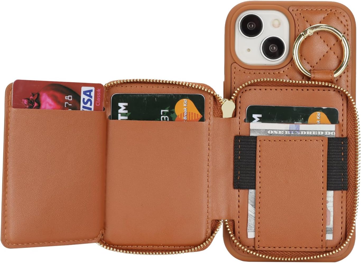 for iPhone 14 Case Wallet with Card Holder,for iPhone 14 Phone case Wallet with Zipper with Slot Kickstand Stand Case for Women and Man 5G 6.1 Inch-Brown