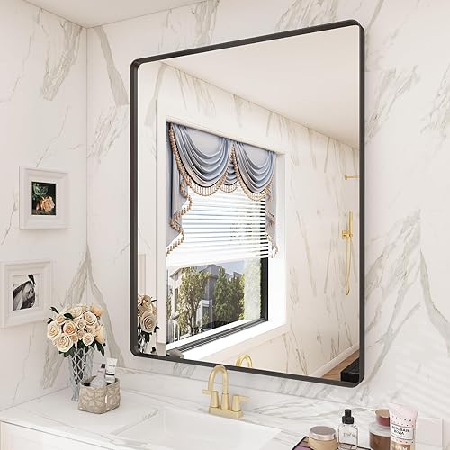 Espejo de baño negro mate de 28 x 36 pulgadas, espejo rectangular con marco para pared, esquina redondeada, antioxidante, inastillable (horizontal y