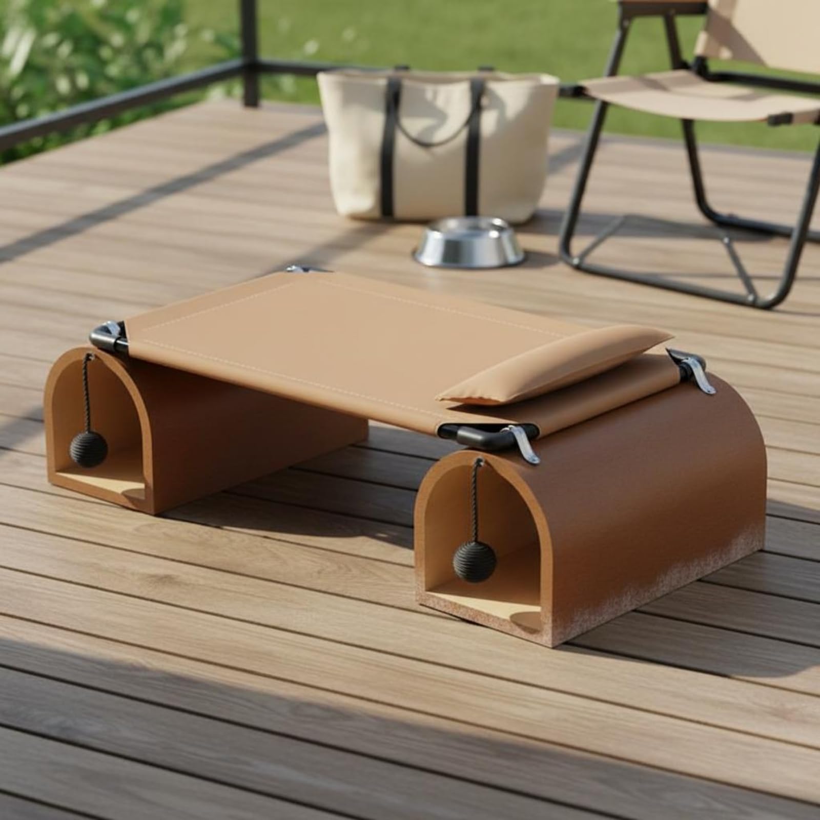 kowaku Tunnel Riposo Letto Gatto Amaca Rifugio Cunicolo con Tessuto Tecnico AntiGraffio Struttura in Legno Ferro Superficie, Marrone, Letto A Tunnel per Gatti