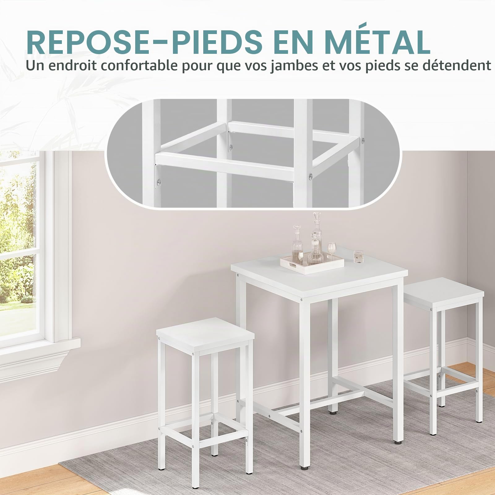 EUGAD Tabourets de Bar Lot de 2, Tabouret de Cuisine, Style Industriel, avec Repose-Pieds, pour Bistro, Salle à Manger, en Bois Aggloméré + Métal, 33x65x33 cm, Blanc, 1058BY-2