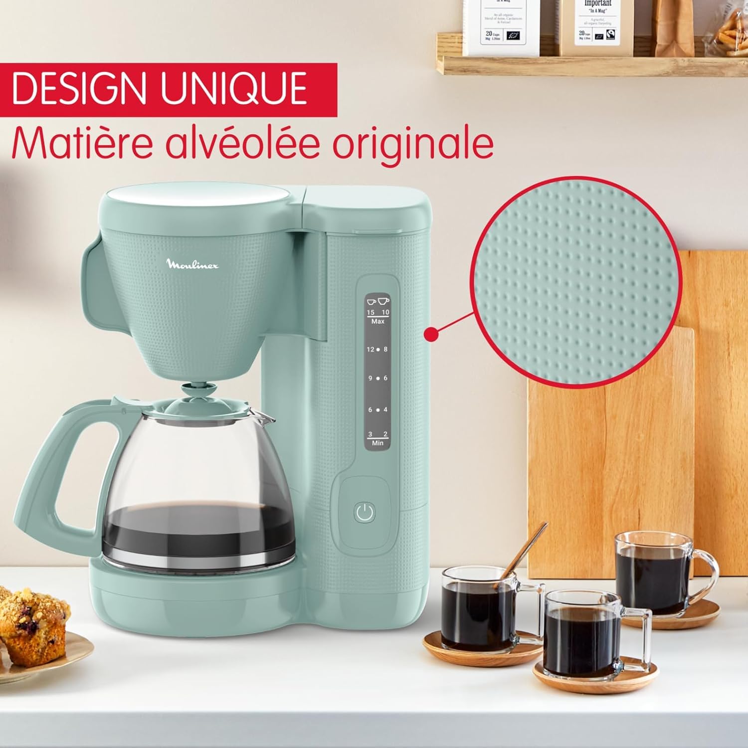 Moulinex Przelewowy ekspres do kawy, 10-15 filiżanek, 1,25 l, obrotowy uchwyt filtra, system zapobiegający kapaniu, utrzymywanie ciepła, Morning, eukaliptus, FG2M1310
