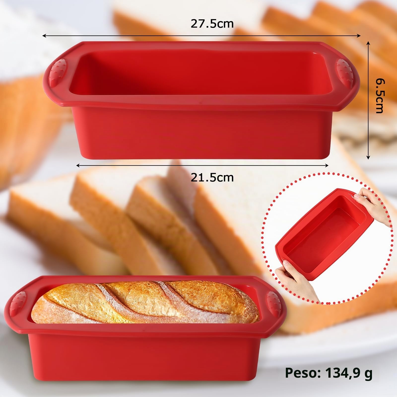 Juego de 2 moldes de silicona antiadherentes para hornear pan y pan de 27,5 x 21,5 x 6,5 cm (D2500051)