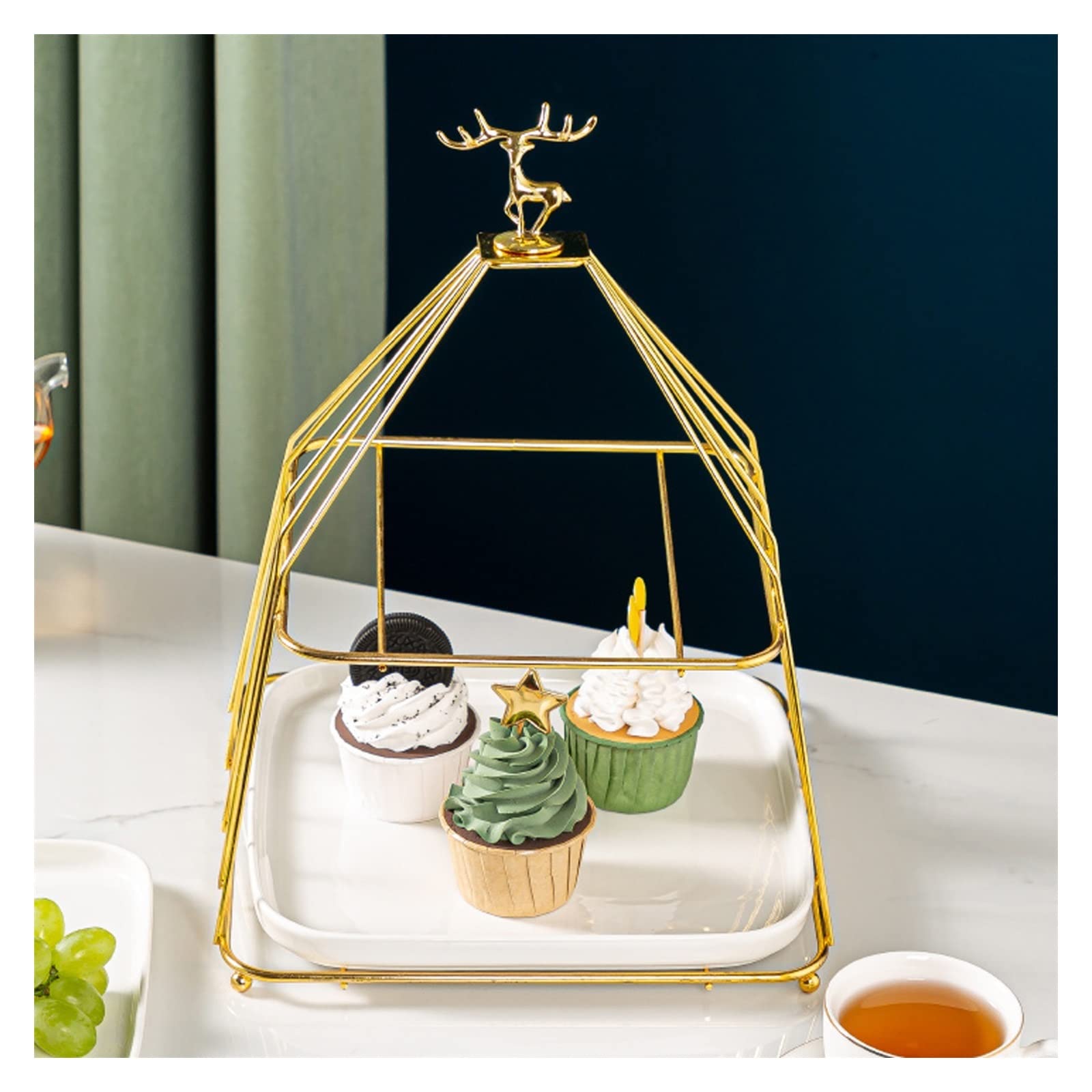 Alzata per torte multistrato in ceramica con ripiano in ferro - Elegante espositore per dessert bianco per pasticcini, frutta e caramelle (formato grande)