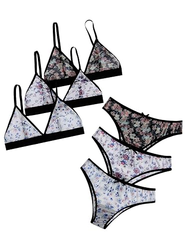 BEAUDRM Women's 3 Pack Floral Print Mesh Lingerie Set Wireless Low Rise Sheer Matching Bra and Panty Set - Small - Multicolor Floral