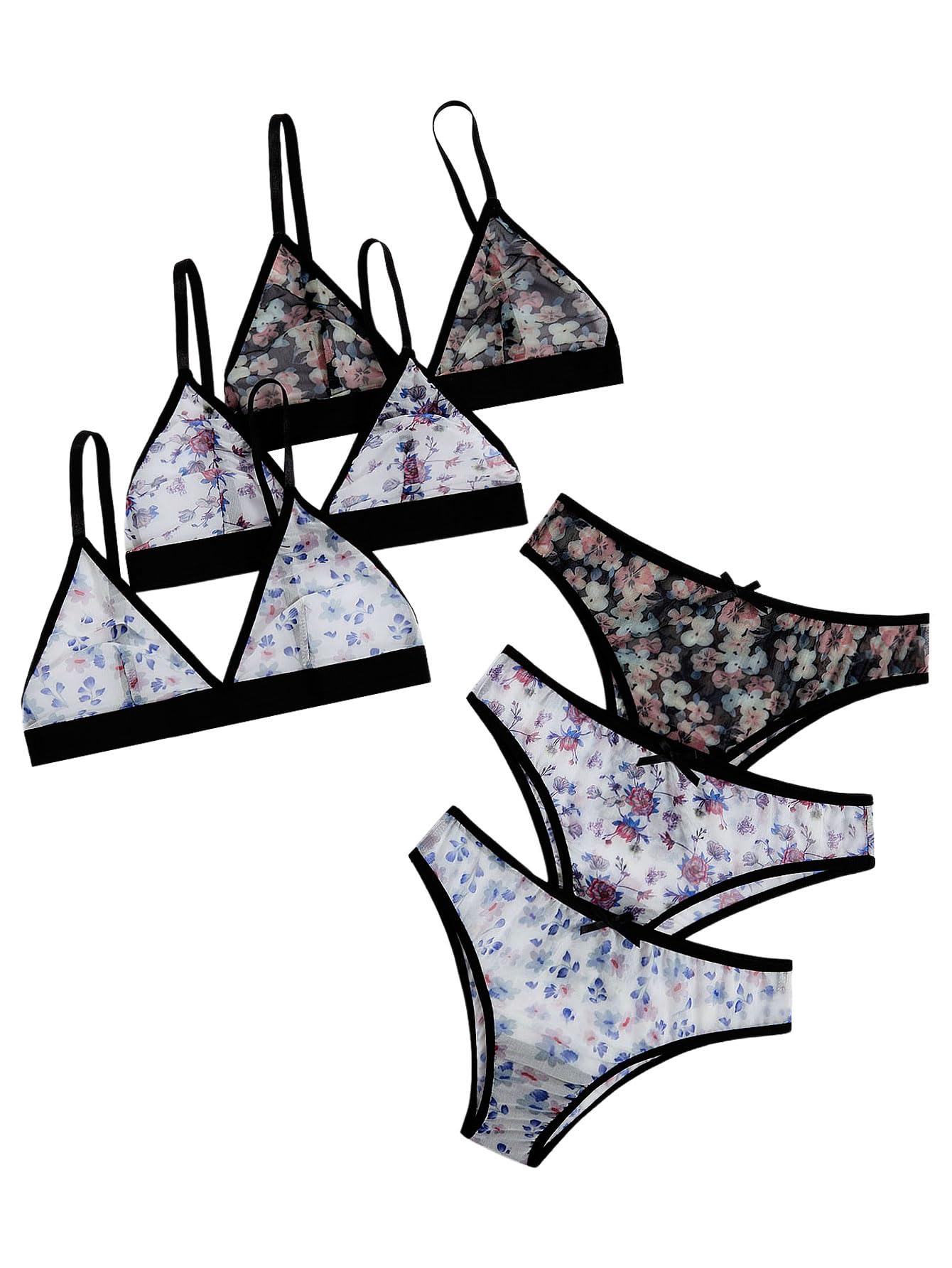 BEAUDRM Women's 3 Pack Matching Bra and Panty Sets Mesh Sexy Lingerie Sets