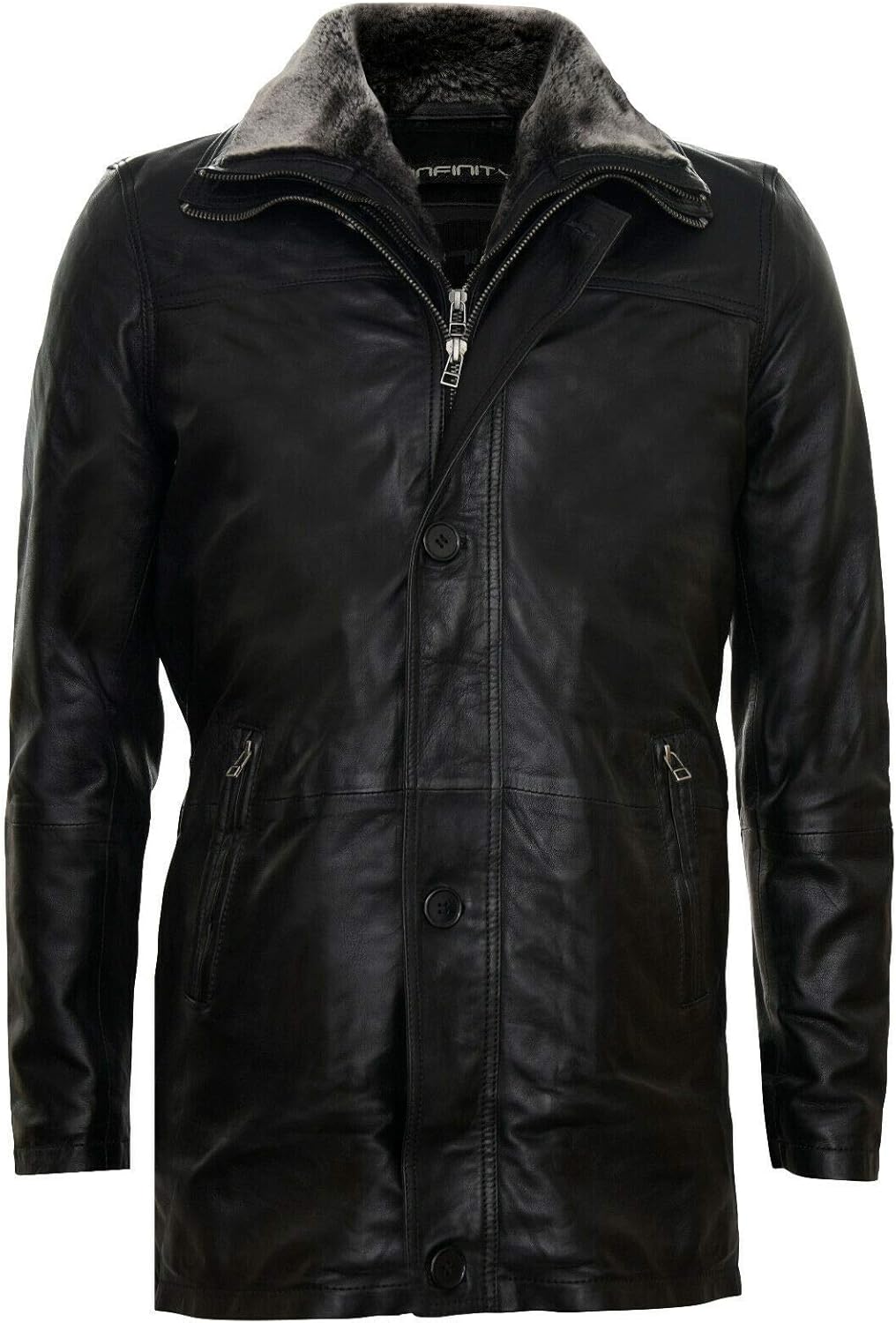 Men's Black Leather Classic Removable Fleece Collar Mid Length Warm Overcoat Jacket