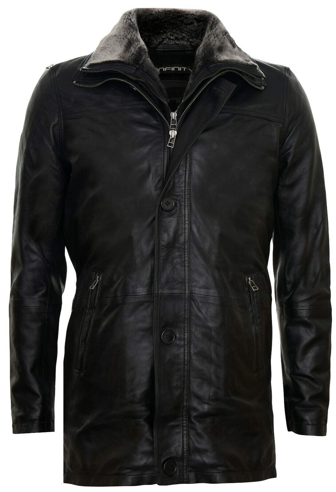Men's Black Leather Classic Removable Fleece Collar Mid Length Warm Overcoat Jacket 2XL