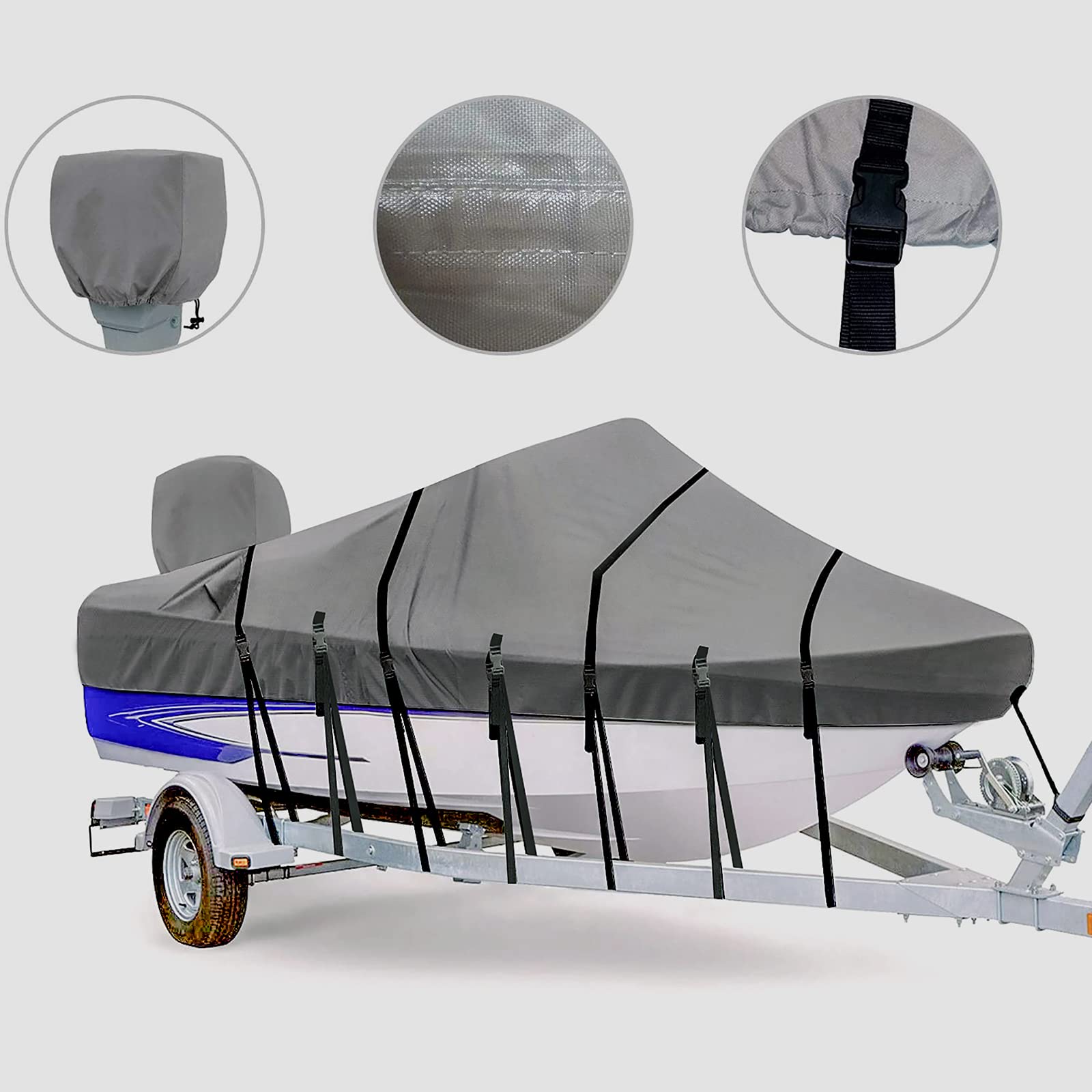 Zuihao Heavy Duty 800D Marine Grade Polyester Trailerable Waterproof Boat Cover with 17 PCS Windproof Straps and Motor Cover, Fits V-Hull, TRI-Hull, Pro-Style, Fishing Boat, Runabout, Bass Boat