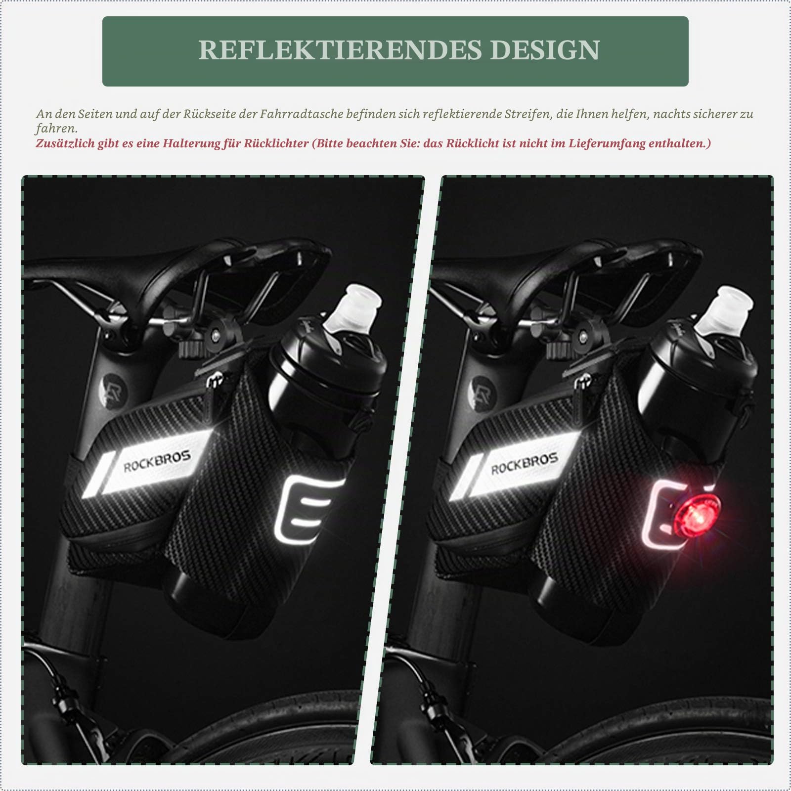 ROCKBROS Fahrradsatteltasche Fahrradtasche mit Flaschenhalter Reflektierend Fahrradsitz Tasche für MTB, Rennrad, Faltrad Schwarz ca. 1L