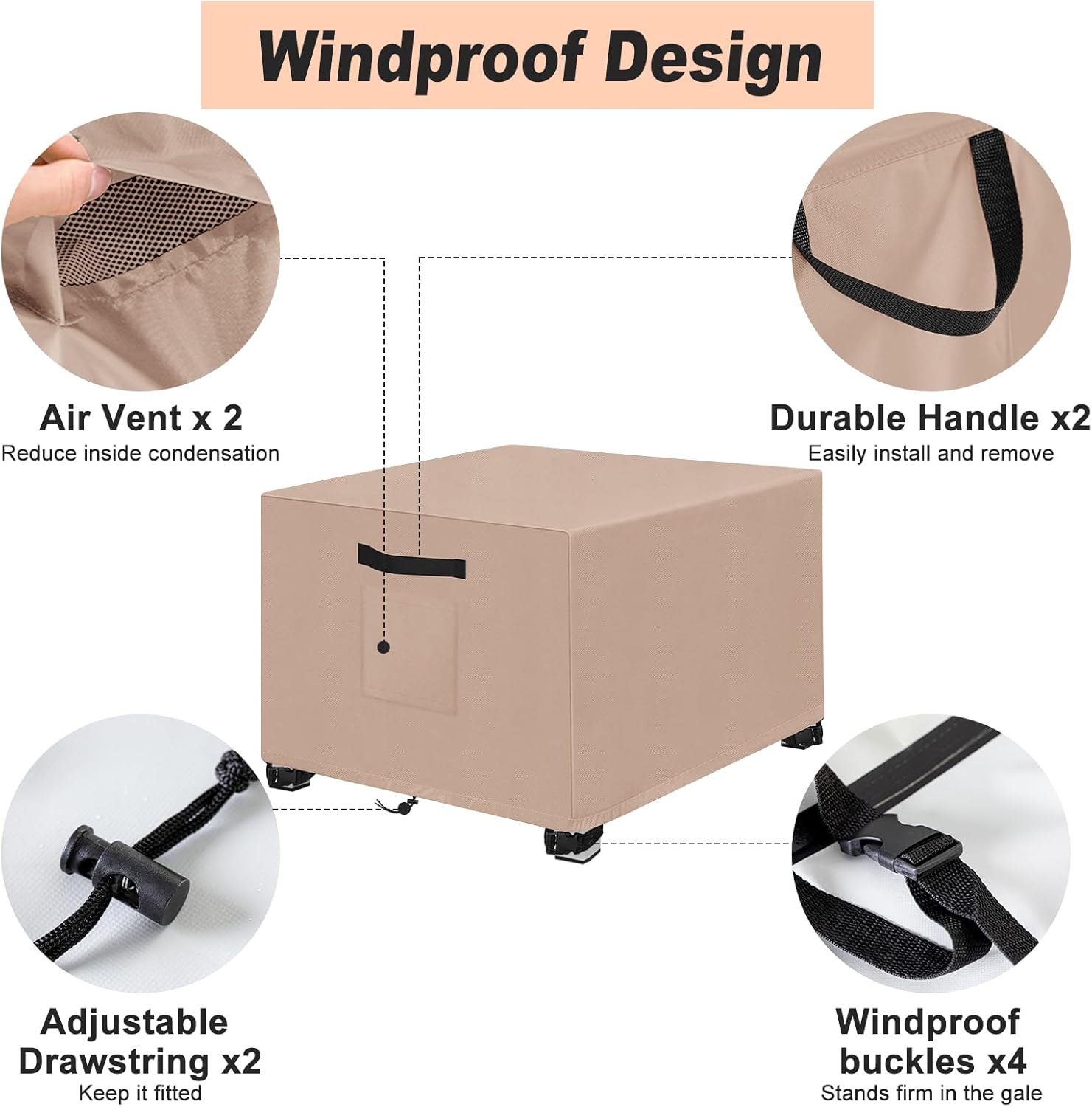 LYHNMW Outdoor Patio Ottoman Cover, 2PCS 20" L x 20" W x 18" H Waterproof Patio Ottoman Cover, 600D Heavy Duty Patio Furniture Cover with Padded Handles (Khaki)