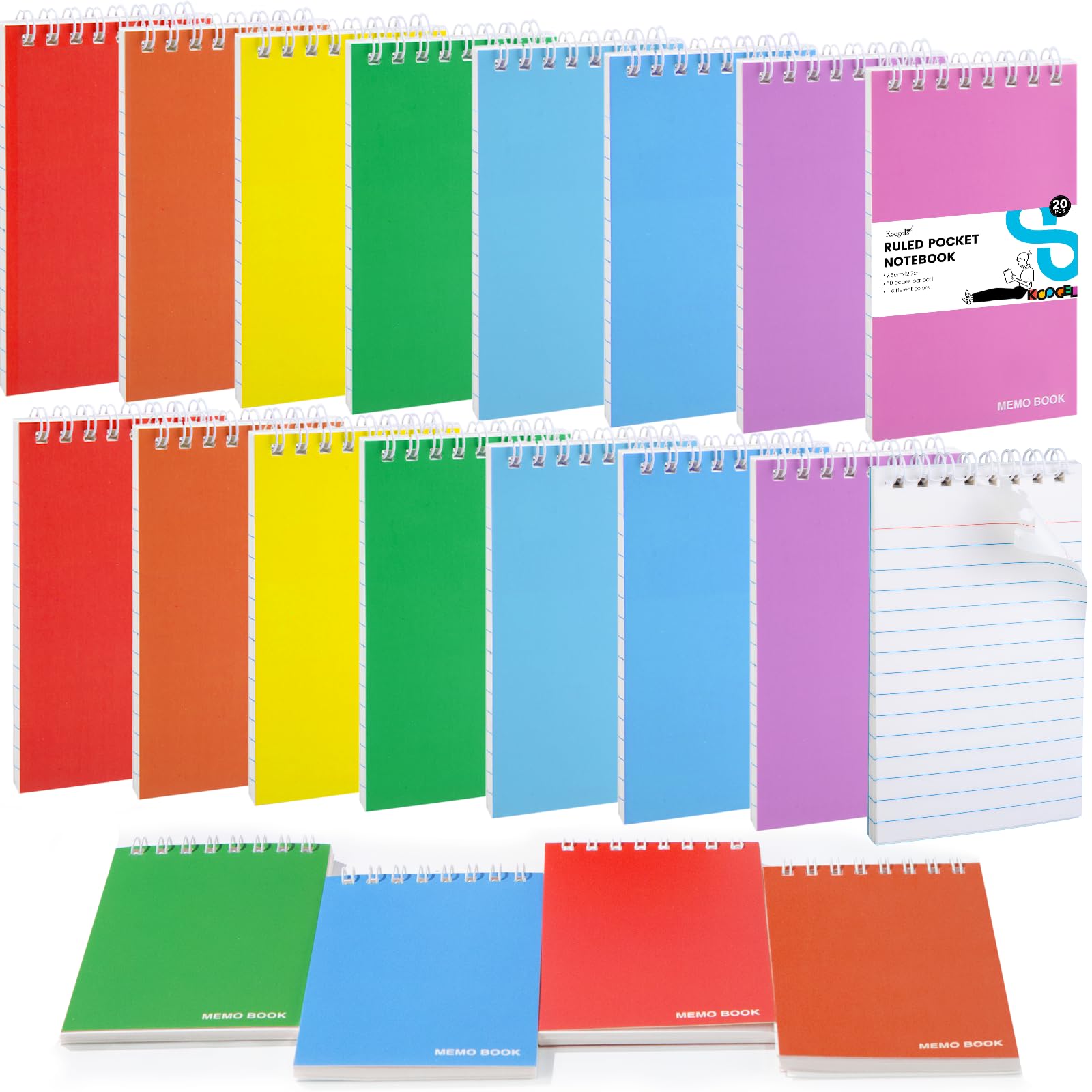 Small Pocket Notebook, 50 Sheets/20 Pads Spiral Memo Pads Ruled 7.6 x 12.7cm (3"x5") Lined Pocket Notepads with Durable Covers for Office School Memo Tactical Steno Pads