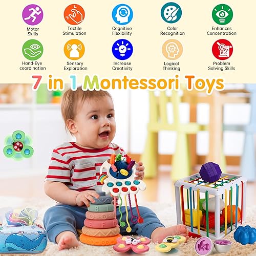 Miniatura 2 de Juguetes Montessori 7 en 1 para bebés de 6 a 12 a 18 meses, mordedor, anillos apilables, cubo sensorial, huevos a juego, caja de pañuelos, juguetes
