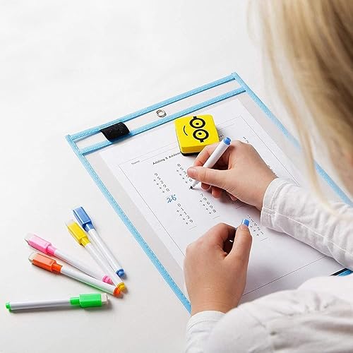 Miniatura 6 de BONBELA Bolsillos de borrado en seco, paquete de 12 unidades, 10 x 13 pulgadas, reutilizables, de borrado en seco, para hojas de trabajo y escuela,