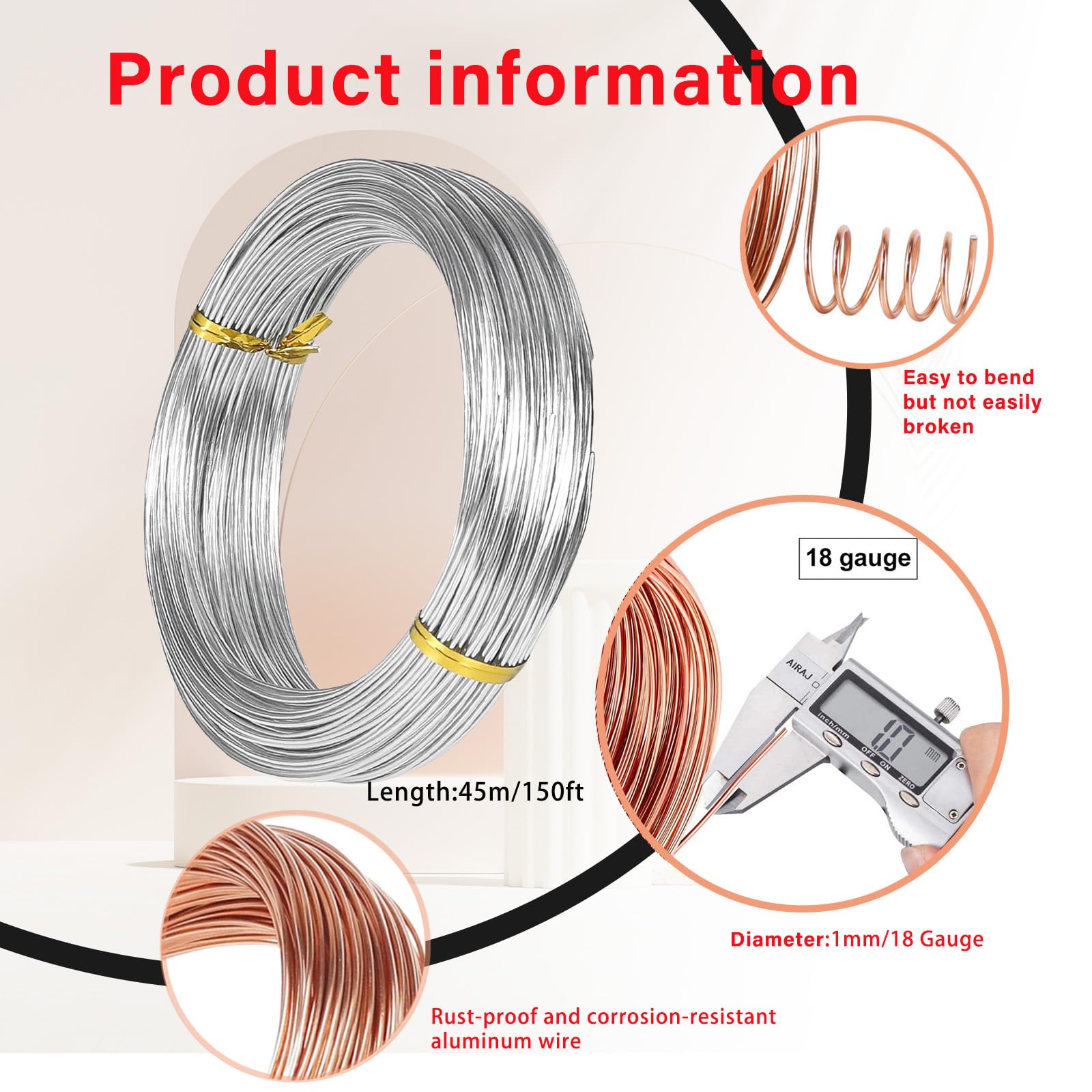 18 Gauge 1mm Silver Aluminum Craft Wire,45m Bendable Metal Crafting Wire for Sculpting,Bike Modelling Skeleton Crafting Floral Making Wire,Jewelry Making Wire,Binding Wire for Xmas Wreath Wire - Image 2