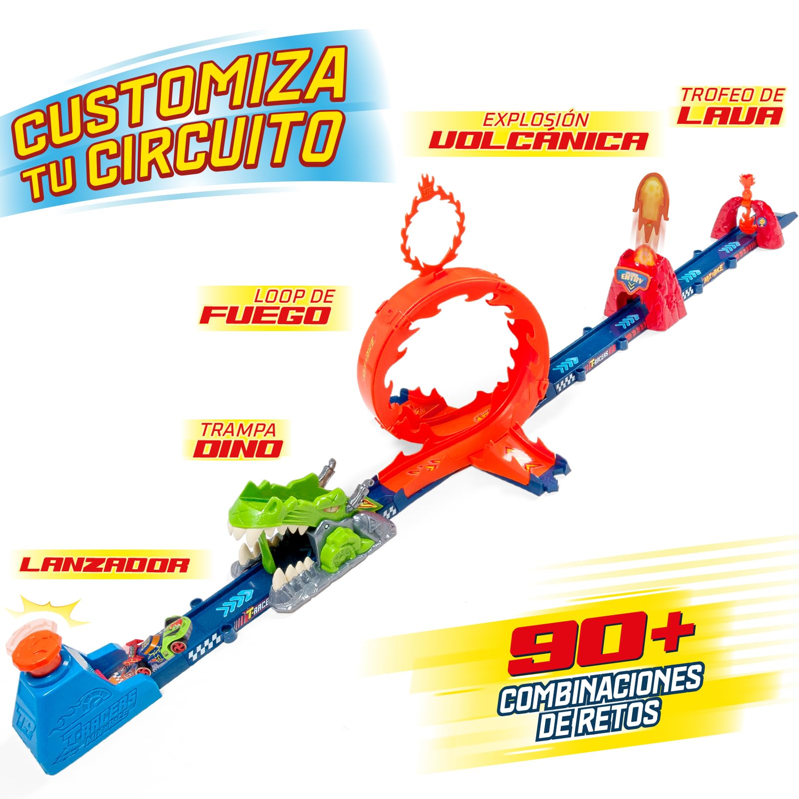 T-Racers Mix ‘N Race Volcanosaurus Pista para Coches de Juguete T-Racers, Contiene 1 Disparador, 3 Pistas, 1 Coche Exclusivo Nitro Rex y 4 Acrobacias