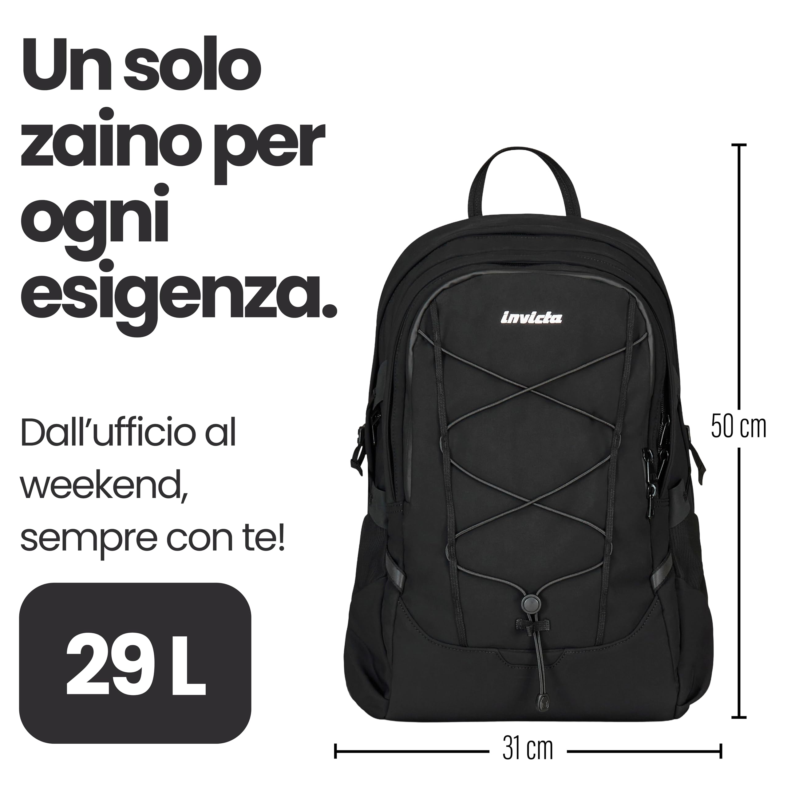 Invicta Zaino Lavoro Act Plus, Nero, Doppio Scomparto Con Tasca PC 14", Tasca Borraccia e Fondo Rinforzato, Zaino Capiente e Versatile da 29 L Per Ufficio e Università, Per Uomo e Donna