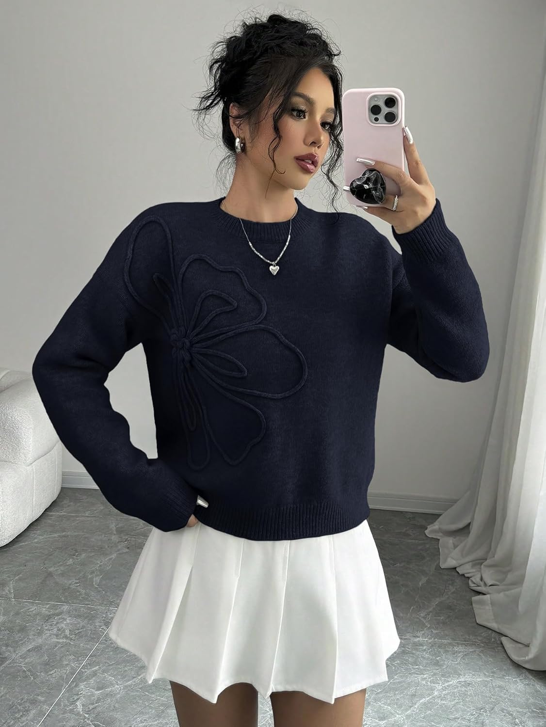 Verdusa Women's Fall 3D Flower Appliques Crewneck Sweaters Long Sleeve Drop Shoulder Pullovers Elegant Knit Tops Dark Blue Small - Image 4