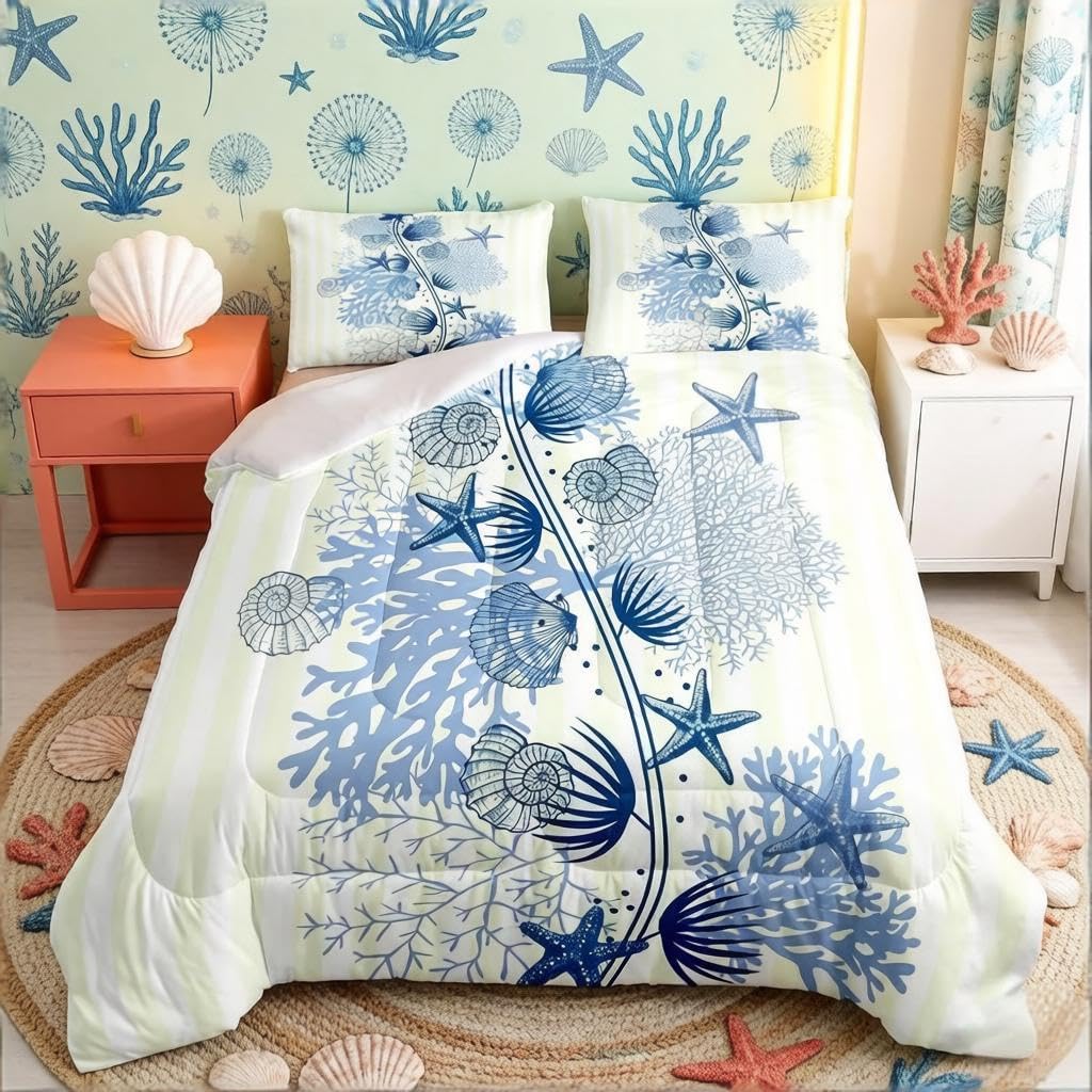 Housse de couette motif océan et coquillages pour rafraîchir un lit double