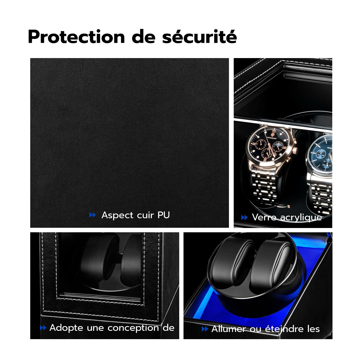 Mcbazel Double Remontoir de Montre, Boîte à Montre à Double Position en Cuir PU, 5 Modes de Rotation Automatique, Boîte de Rangement avec Chargement USB et Lumière LED Bleue – Noire