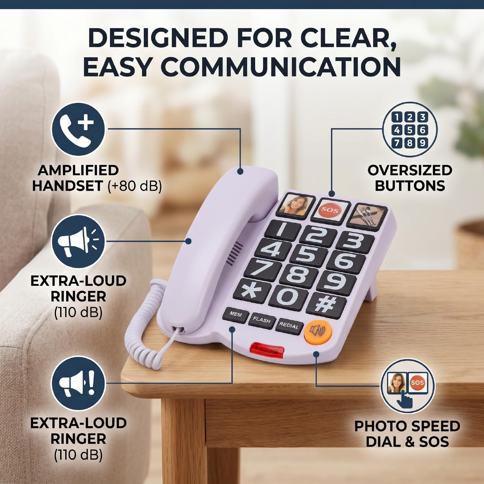 Telefono fisso con tasti grandi per anziani, nero o bianco (WHITE) | Telefono fisso extra potente da 110 dB, con 3 funzioni di chiamata rapida tramite foto e vivavoce.