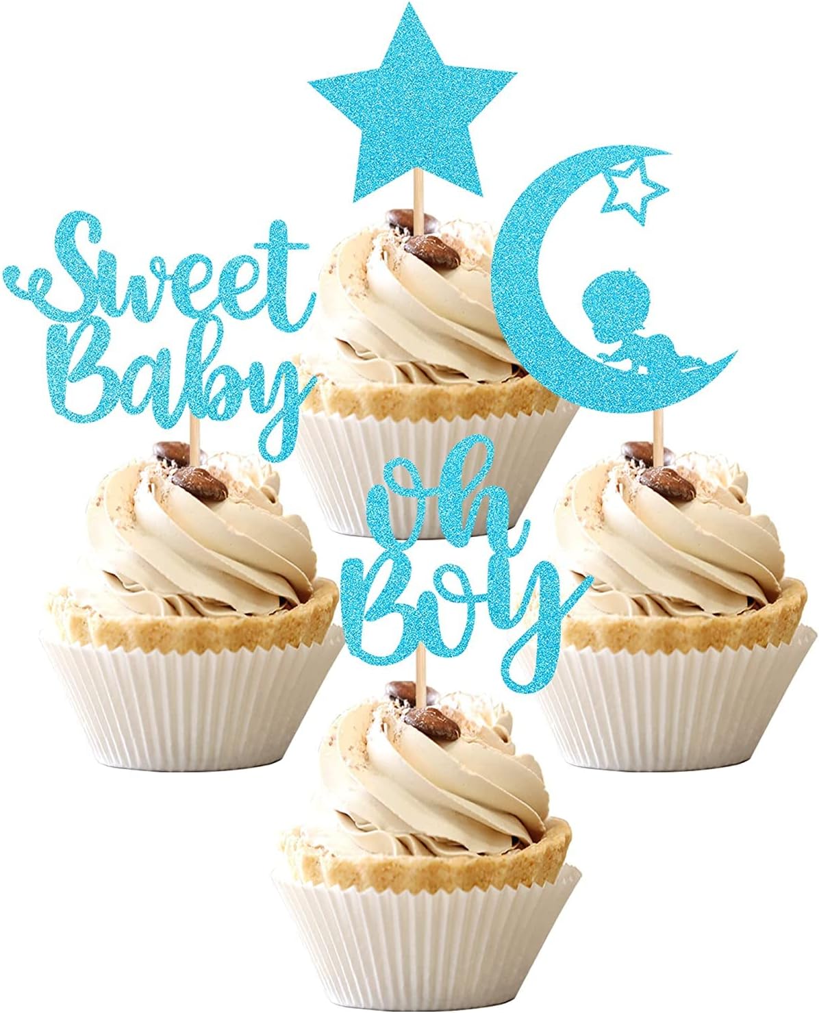Confetti! 24 PCS Baby Shower Boy Cupcake Toppers with Moon Glitter Star Sweet Baby Boy Cupcake Picks Baby Shower Kids Boys Birthday Party Cake Decorations Supplies Blue (Sweet Baby (Boy))