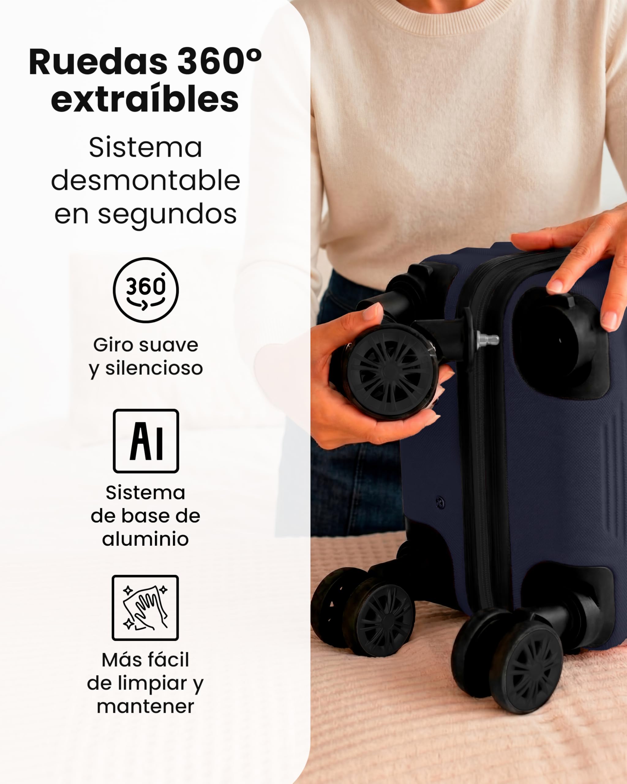 unycos - Maleta de Cabina Rígida de ABS【20L】 40×25×20 cm | Equipaje de Mano Compacto, 4 Ruedas 360° Extraíbles, Cerradura Integrada, Asa Telescópica y Compartimentos Organizadores (Azul Oscuro, Lite)