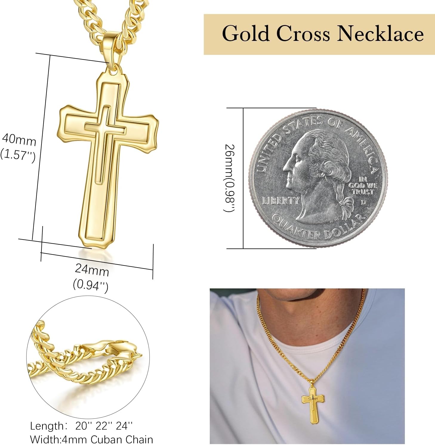 Mens Cross Necklaces Gold Cross Necklace for Men 14K Gold Crosses Chain Pendant Necklace for Men Outline of Maple Leaf-Inspired Design Paired with Cuban Chain Mens Crosses Necklace - Image 2