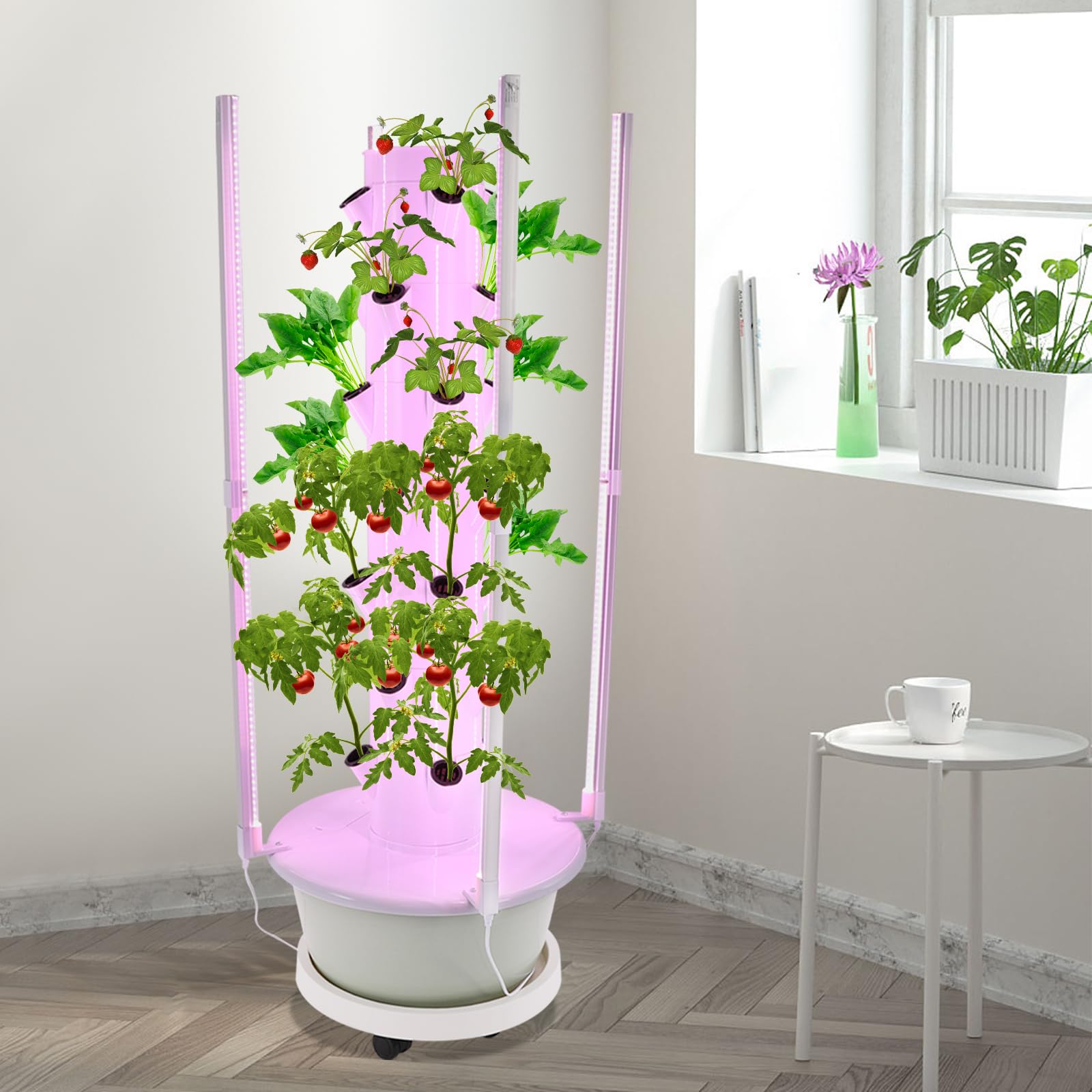 Torre hidropónica vertical de 7 pisos, 28 agujeros, sistema hidropónico sin tierra con temporizador de bomba de agua e iluminación LED, kit hidropónico vertical para el cultivo de hierbas en casa
