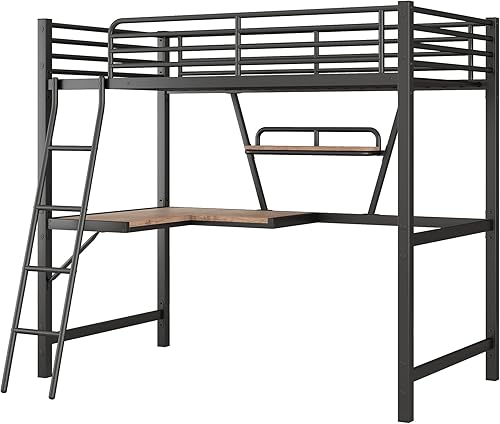 Miniatura 6 de Cama de metal y MDF de tamaño individual con escritorio y estante