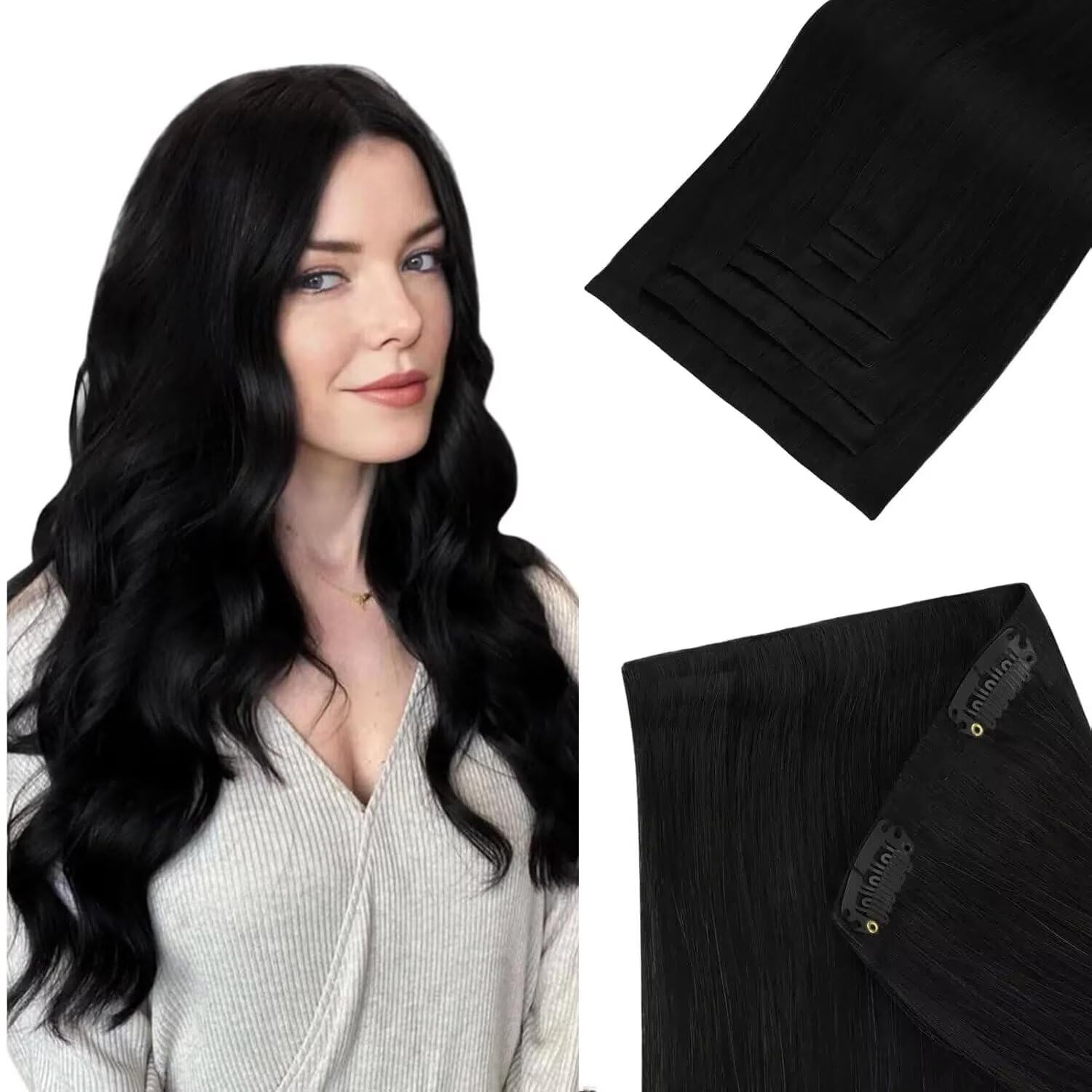hotbanana Invisi Edge Clip In Extensions Echthaar, Tief Schwarz Nahtlose Remy Clip In Echthaar Extensions Injected Seamless Hair Extensions 40cm