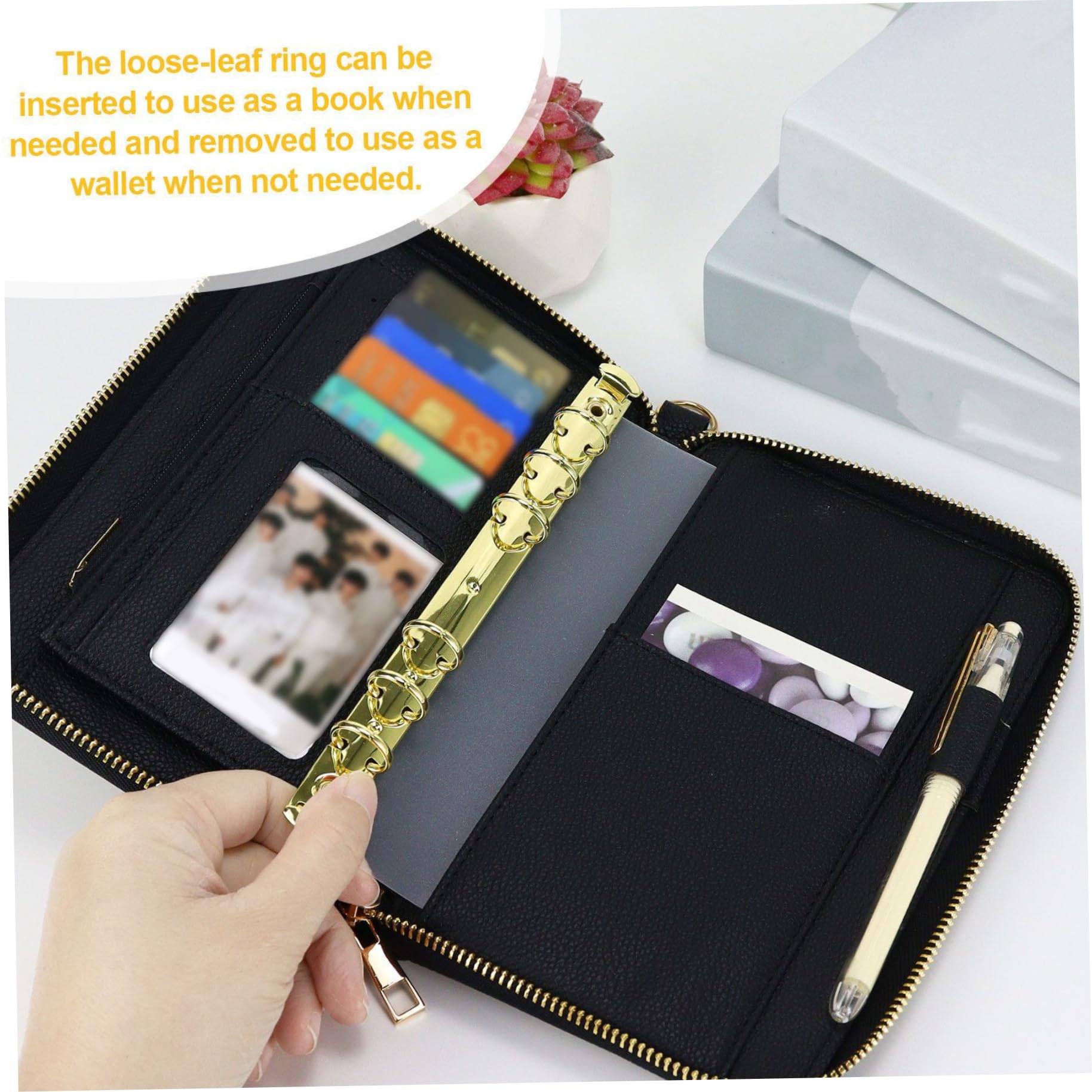 Portefeuille planificateur A7 en cuir PU avec fermeture éclair, organisateur rechargeable 6 anneaux