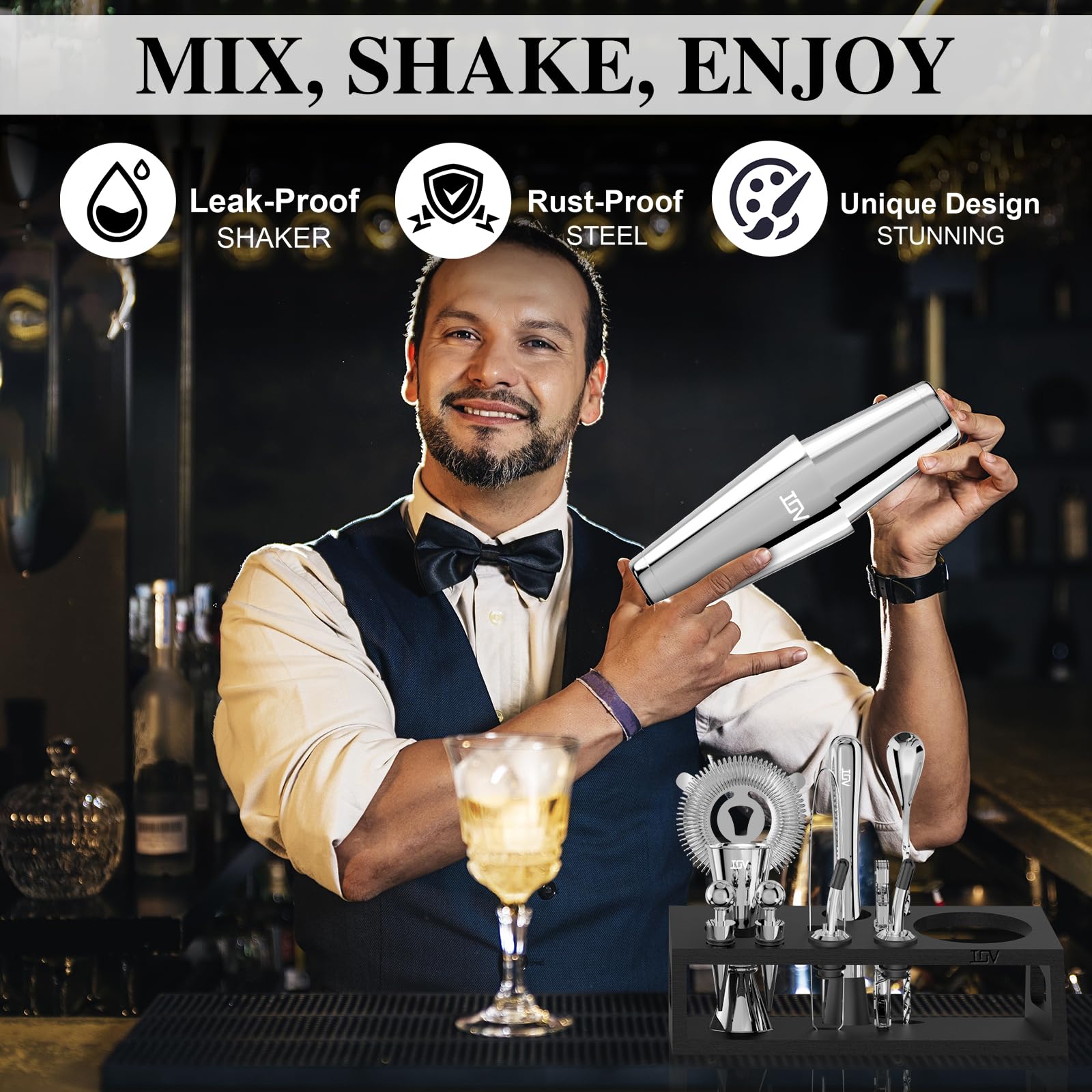 IOV Juego de coctelera: 12 piezas de mezclología para barman | 16 onzas y 28 onzas Boston Shaker herramientas de mezcla de bebidas para el hogar con folleto de recetas y soporte, divertido regalo de