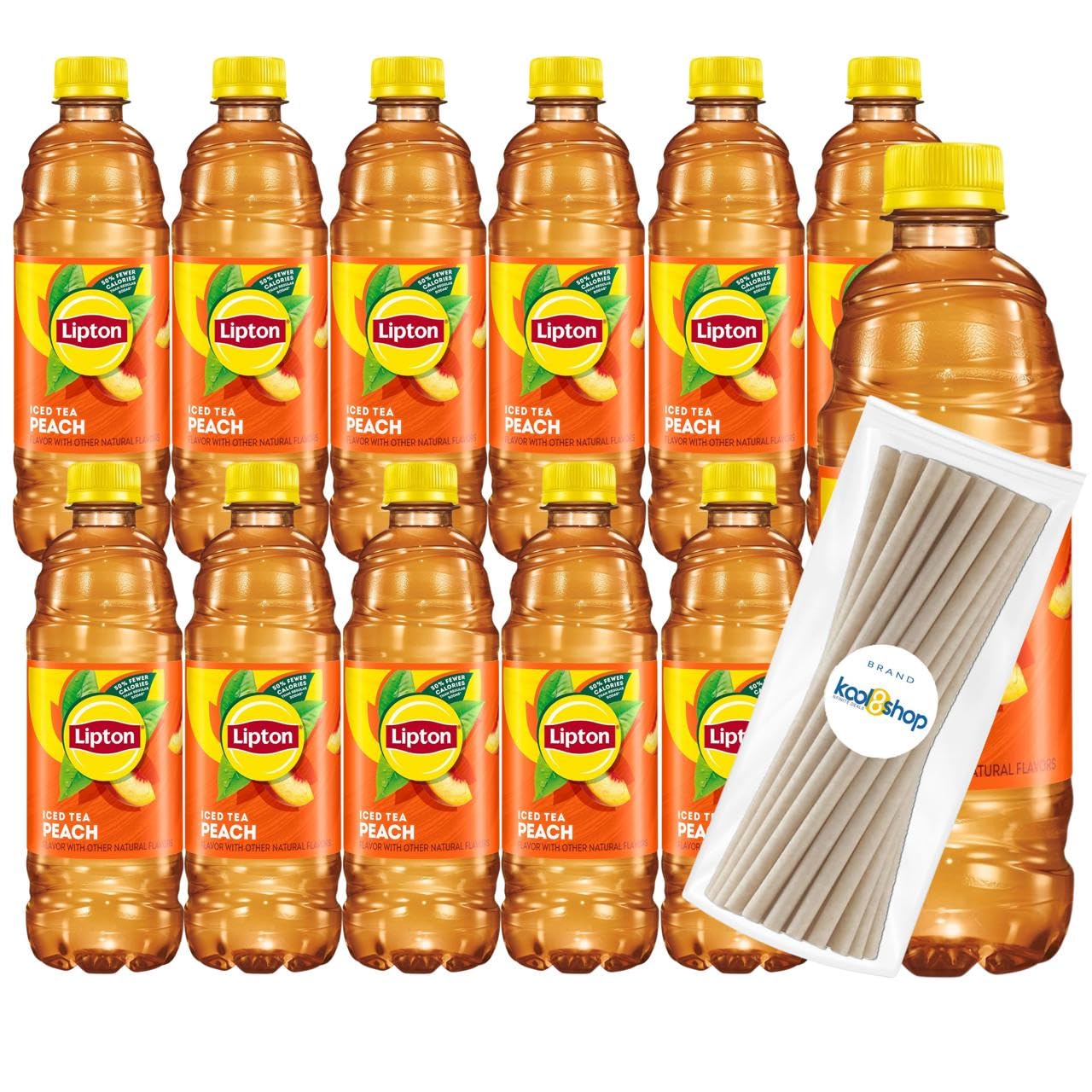 Lipton Peach Iced Tea 16.9 fl oz Plastic Bottles 12 Pack + 15 Sugarcane Disposable Straws by KOOL8SHOP Infinite Deals