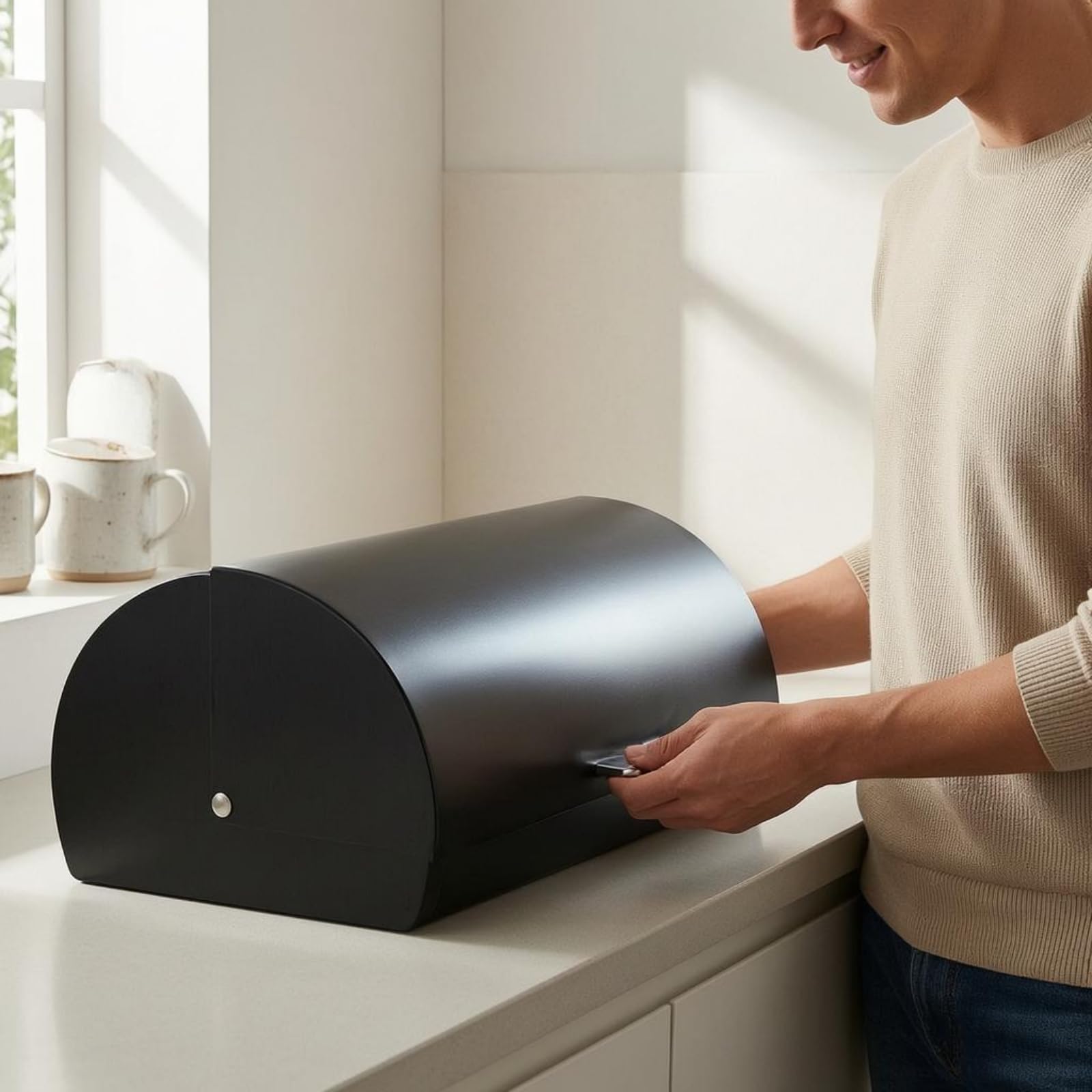 Gralara Acero Inoxidable Contenedor Cocina Recipiente Organizador Tapa Enrollable Mango Frontal Base Rectangular Estable Adecuada para Encimera Hogar y Almacenamiento Diario, Negro