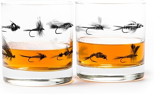 Black Lantern - Vasos de whisky de pesca con mosca, juego de 2, vasos de 11 onzas para pescadores