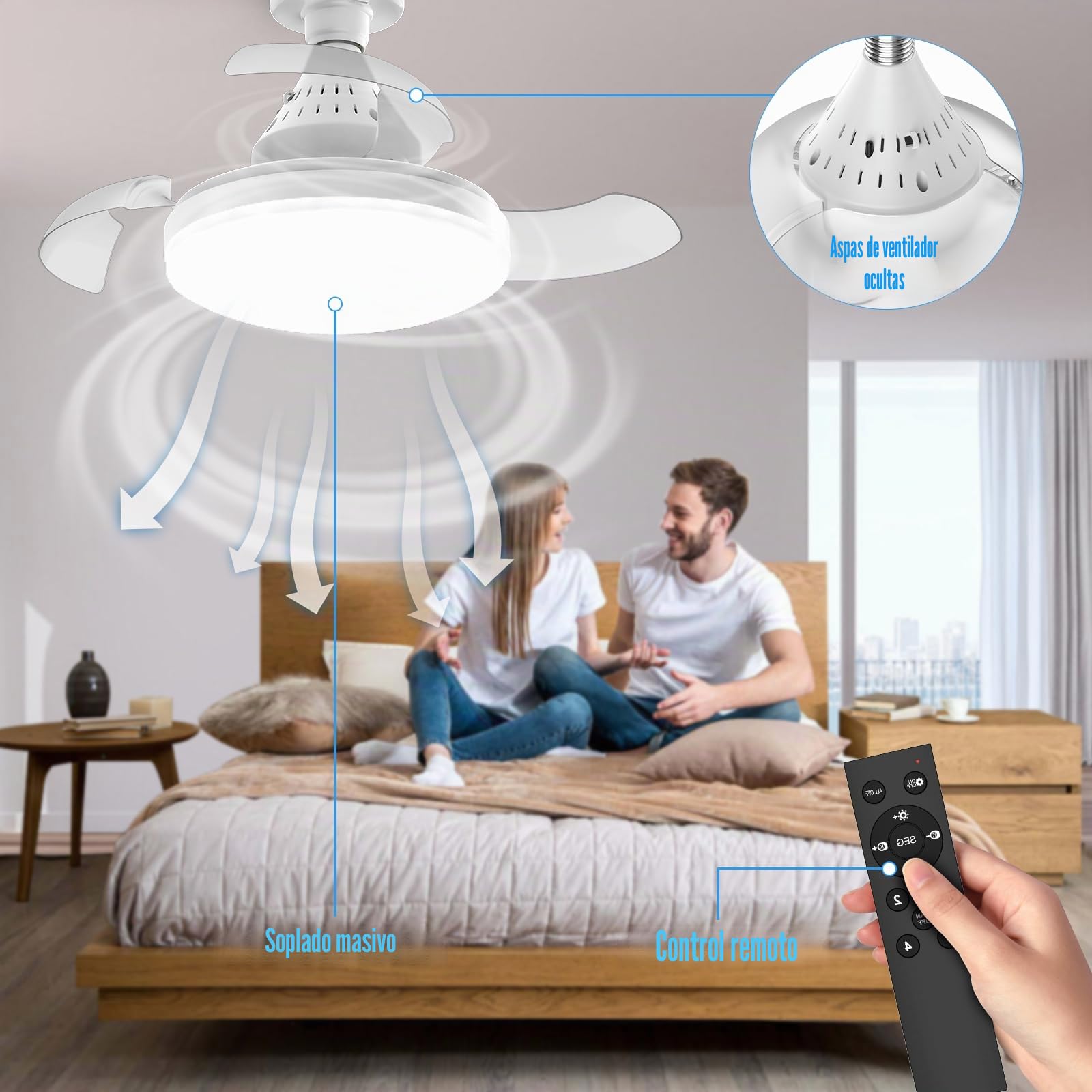 Ventilador de techo de 40 cm con luz E27 a distancia, 3 aspas invisibles, 4 velocidades, 3 temperaturas de color 3000-6500 K, funcionamiento silencioso, 30 W 2400 lm para dormitorio, salón cocina