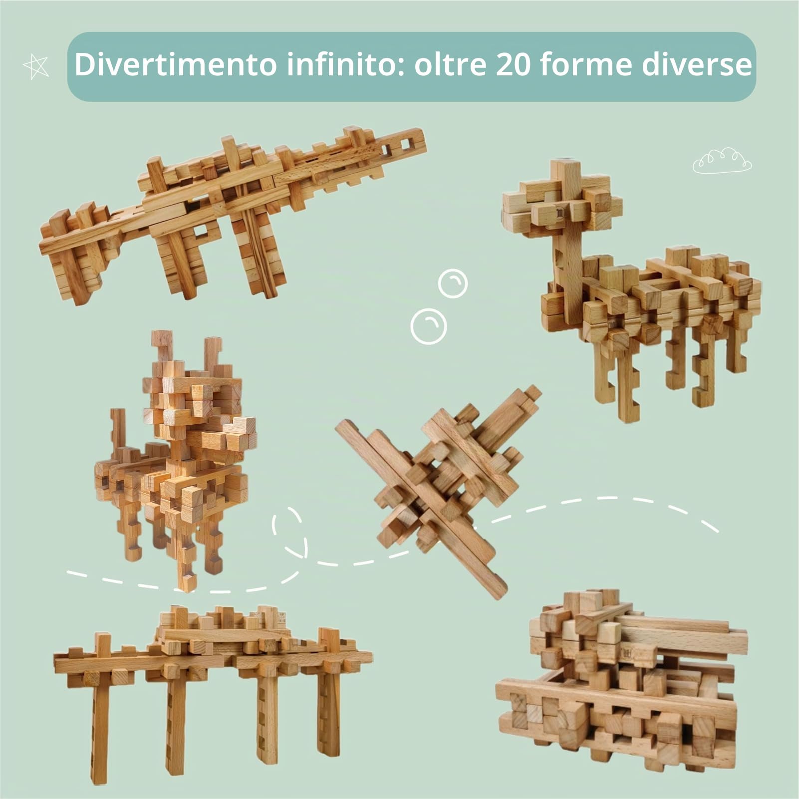 Blocchi di Costruzione, 15&20+ Forme, Puzzle 3D in Legno, Rompicapo per Adulti e Bambini. Montessori - Gioco di Costruzione per Bambini 5+ e Adulti (20 in 1 Versione Premium)
