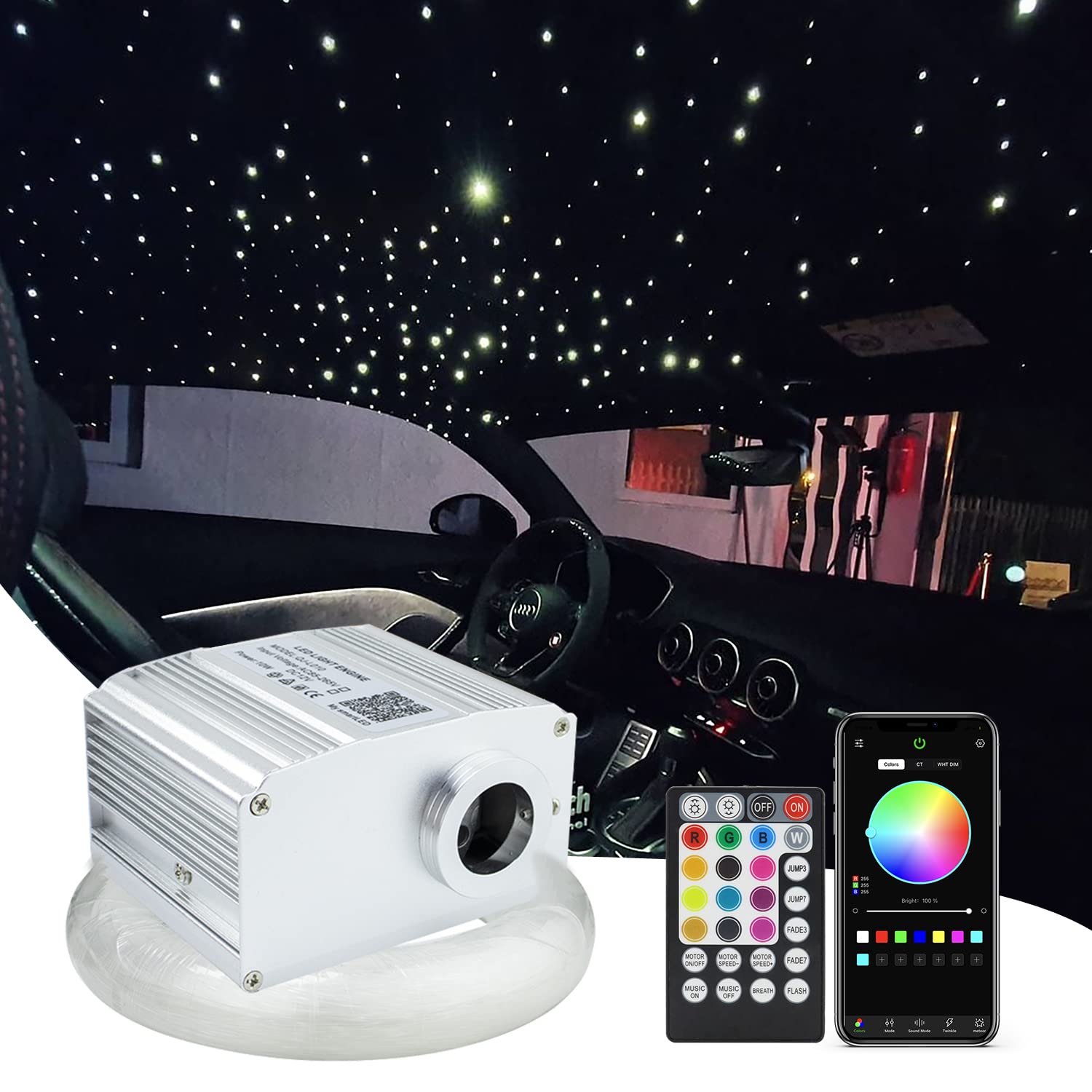 10W Twinkle App Fiber Optic Star Ceiling Light Kit, Car Home Use Bluetooth RGBW Music Activated LED Engine Driver + Cables【200pcs*0.03in/0.75mm*6.5ft/2m】+ 28key Remote Control