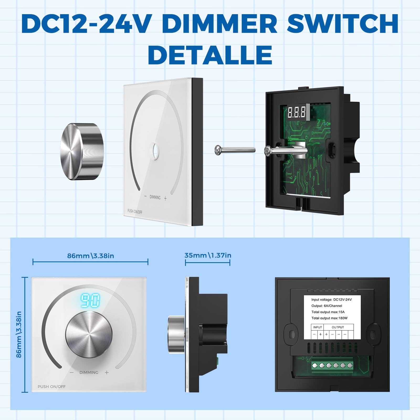 Reguladores de Intensidad DC 12-24V PWM con Pantalla Digital, Atenuador Dimmer LED para Caravanas, Barcos y Bombillas LED Regulables