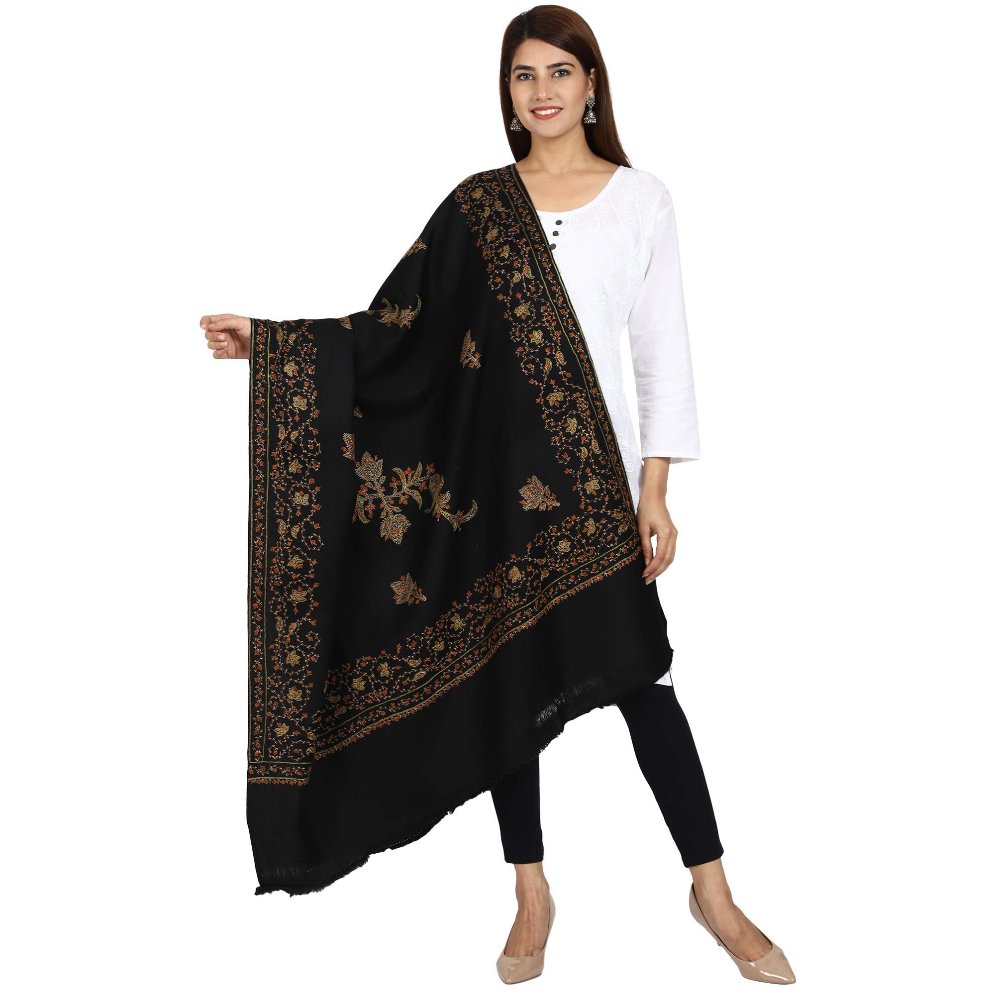 SWI WITH LABEL Women's Kashmiri Hand Embroidered Pure Wool Shawl (6012_Black_Free Size)