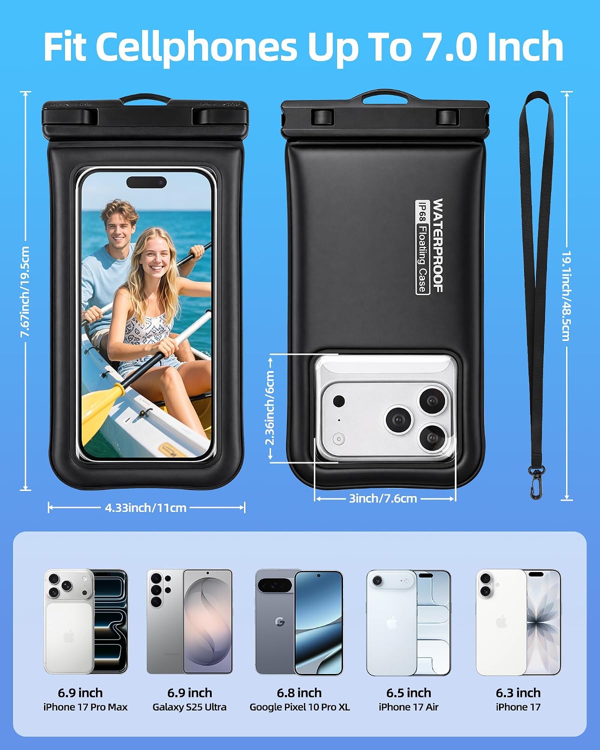 Floating Waterproof Phone Pouch 2 Pack, IP68 Waterproof Phone Case with Lanyard for Beach Kayak Cruise Travel Essentials, Water Proof Pouch for iPhone 17 16 15 Pro Max, Galaxy S25 Ultra ,Up to 7"