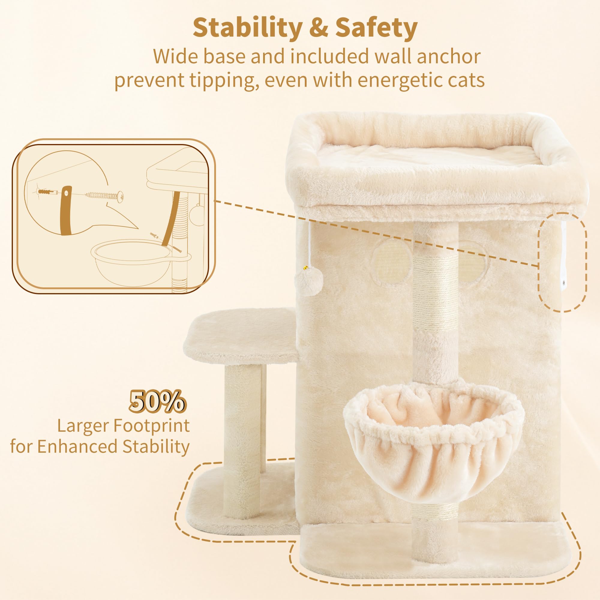 Heybly Albero Tiragraffi, Torre da 65 cm per Gatti Grandi con Piattaforma Spaziosa, Cabine a Due Livelli, Pali Graffiatori in Sisale, Cestino Confortevole e Pompom, Beige HCT204SM