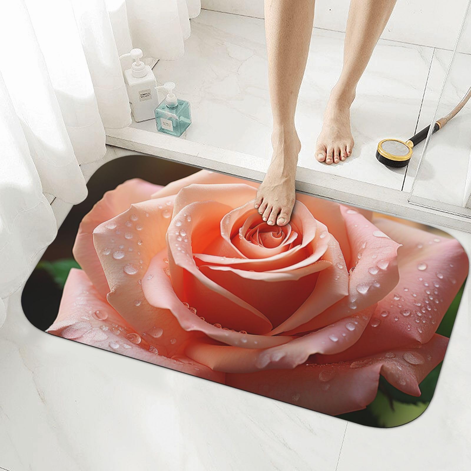 Tapis de bain super absorbant en diatomite rose motif fleur pour un sol sec après la douche
