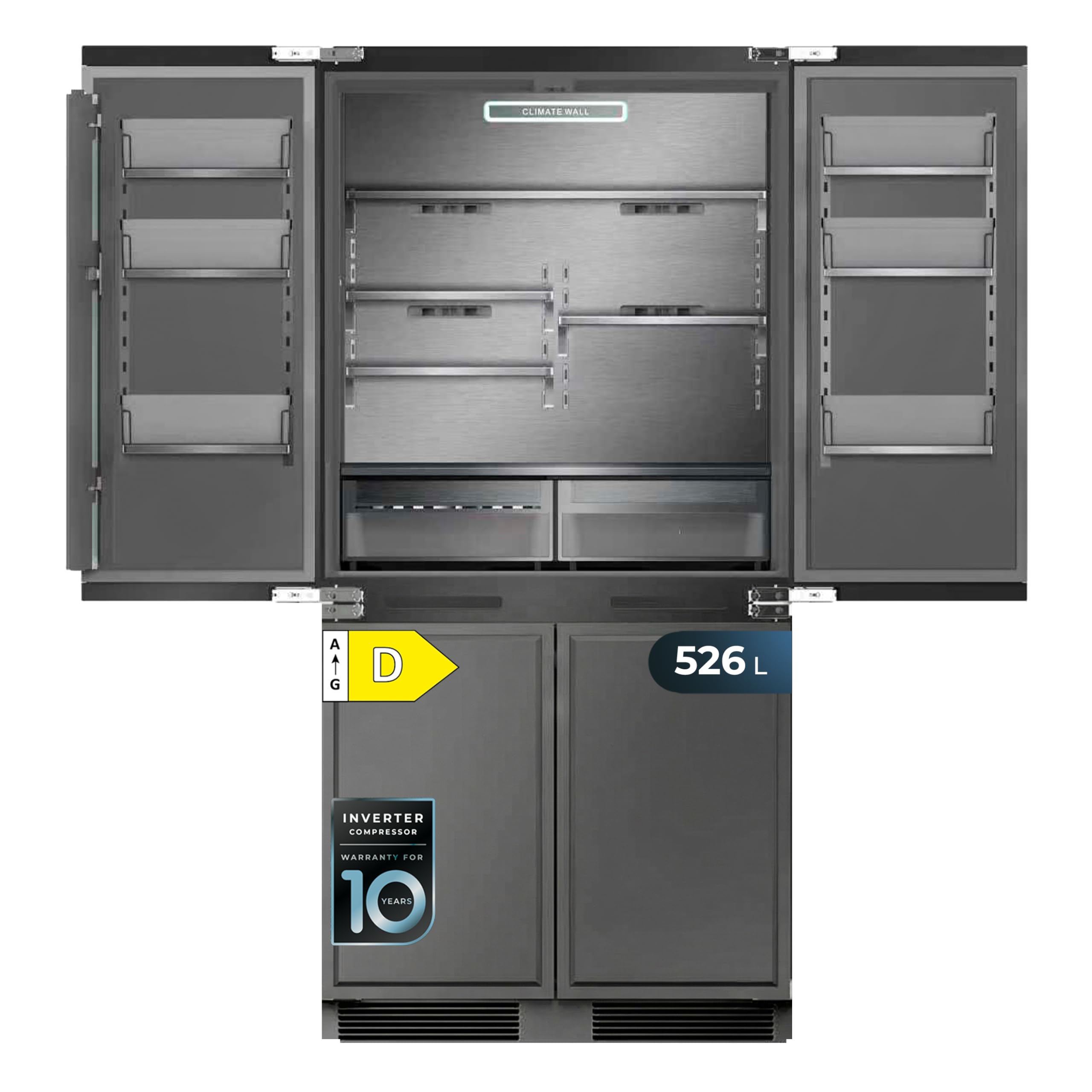 Cecotec Frigoríficos 4 Puertas Integrable Total No Frost de 526L Bolero CoolSilver 4D BI 526 Select D. 200 cm de Alto, 57 cm de Ancho, Clase D, Pure CoolMatrix, Freshness Flex HUB, CryoFreeze HUB