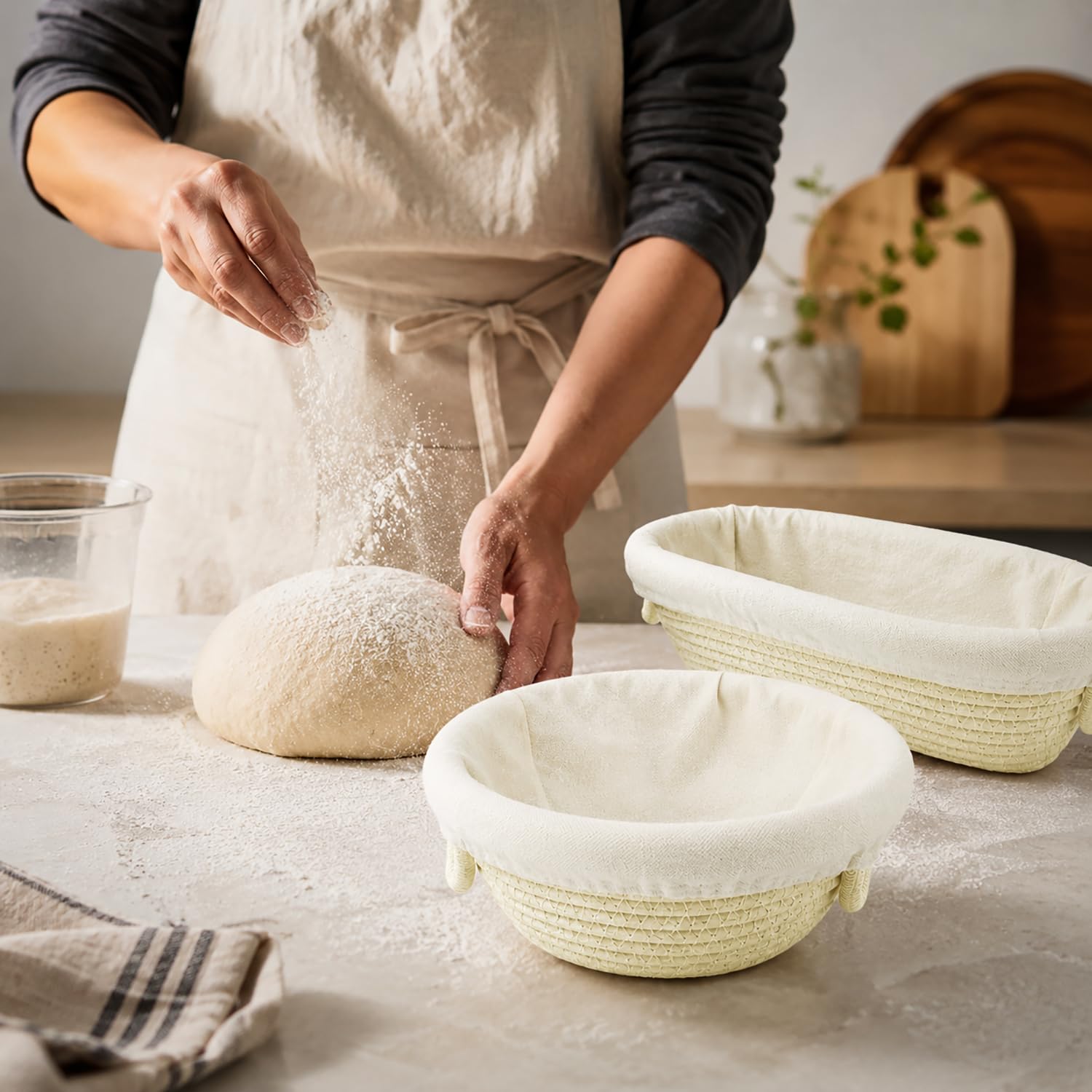 Banneton Gärkörbchen aus Baumwollseil, rund, oval, Sauerteigkörbe mit Einlagen und Abdeckungen, handwerkliches Brotbackzubehör für Teiggärten, 4 Stück